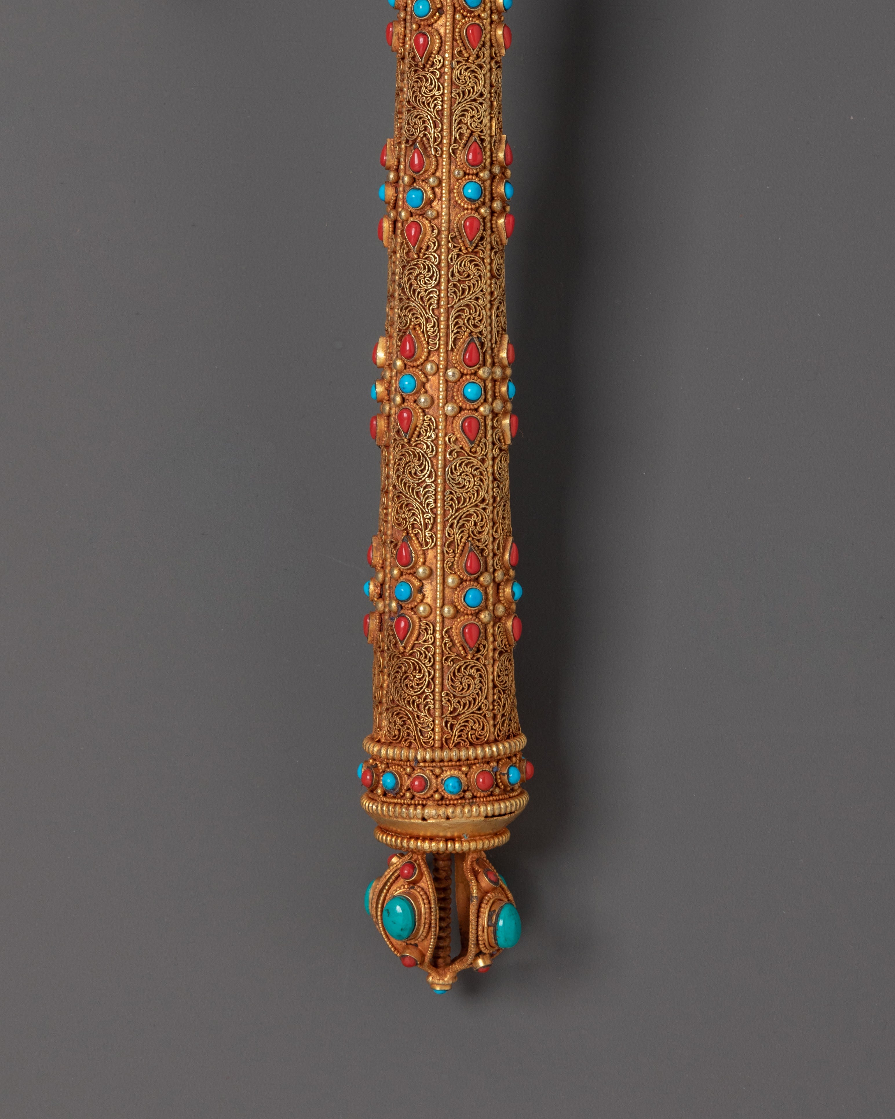 Prayer Wheel for Accumulating Merit | Gold Plated Copper Wheel with Coral and Turquoise