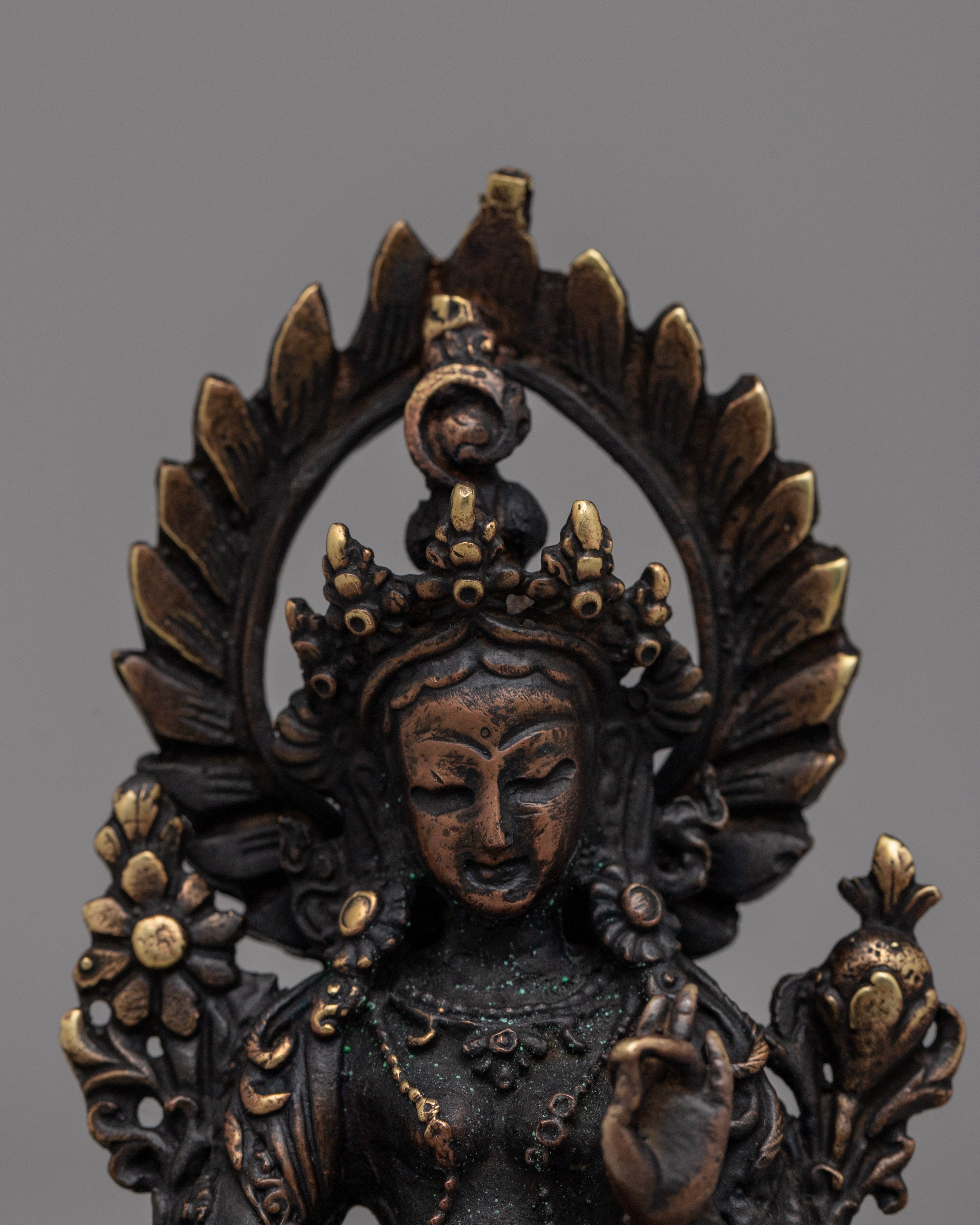 Oxidized Copper Green Tara Statue | Traditional Buddhist Statue for Meditation and Energy Work