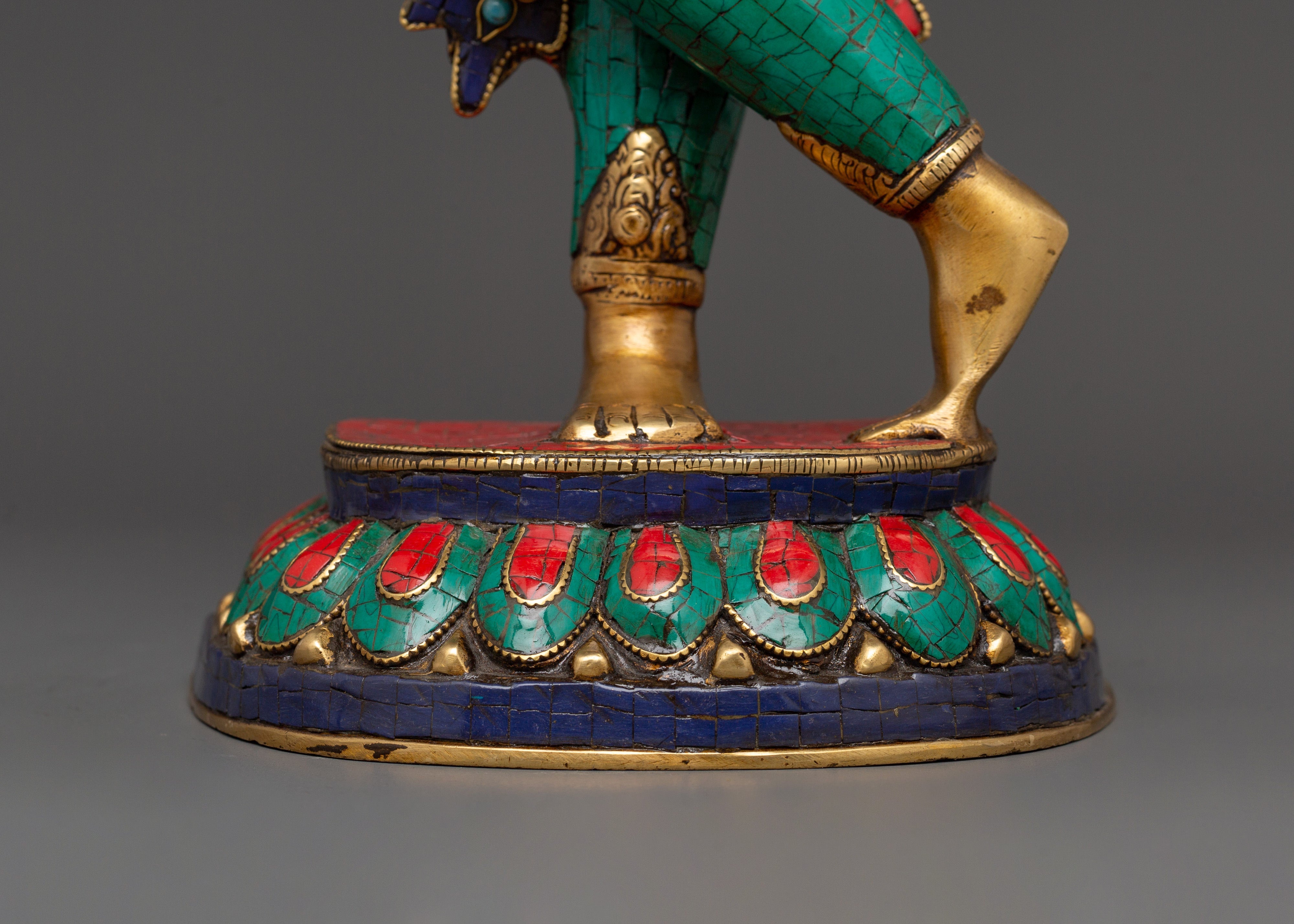 Maya Devi Brass Statue | Brass Sculpture with Turquoise & Coral Inlay