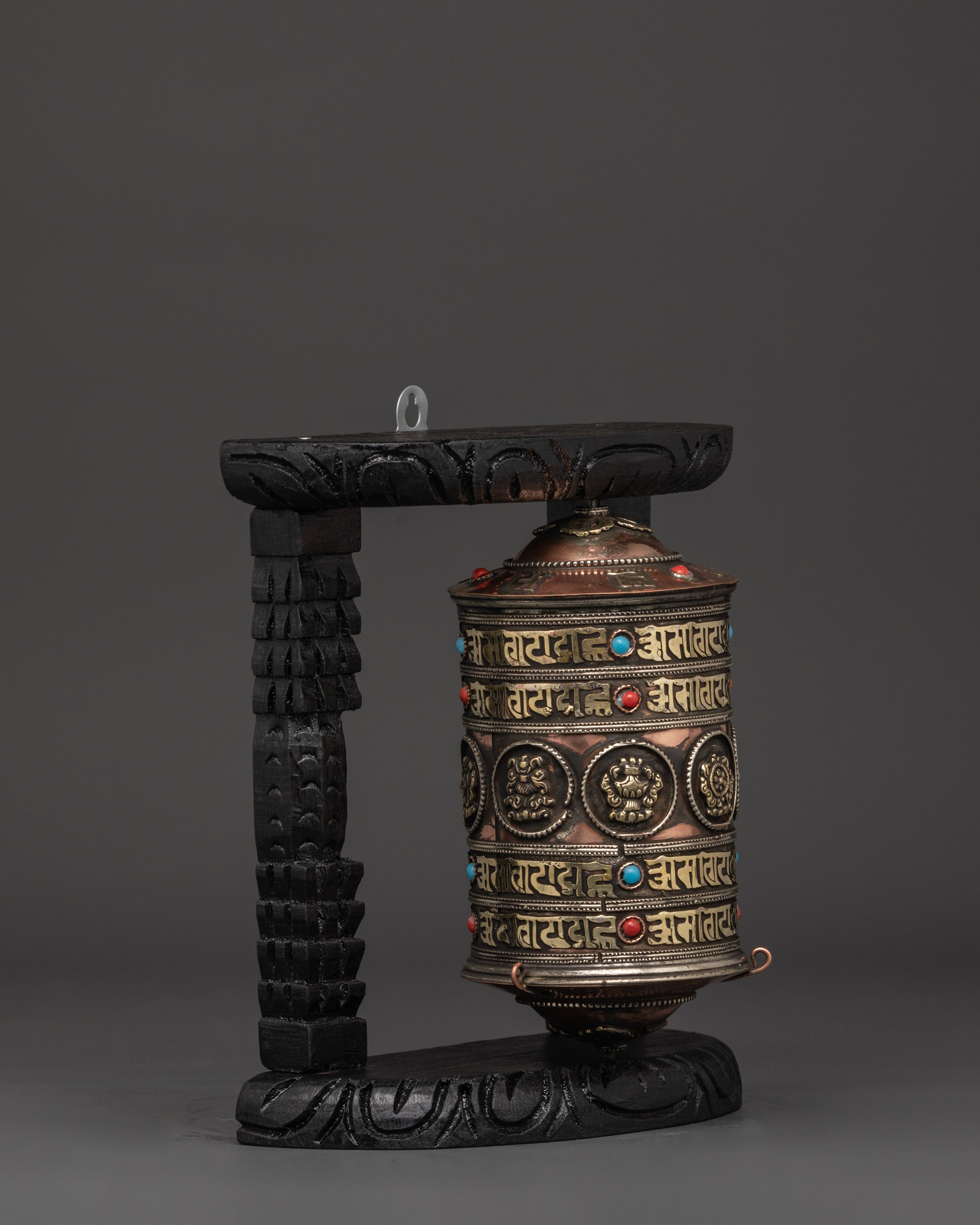 Prayer Wheel Featuring Buddhist Auspicious Symbols | Handcarved Wooden Frame