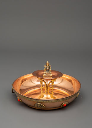Tibetan Water Offering Set | Copper Plate & Pot for Rituals