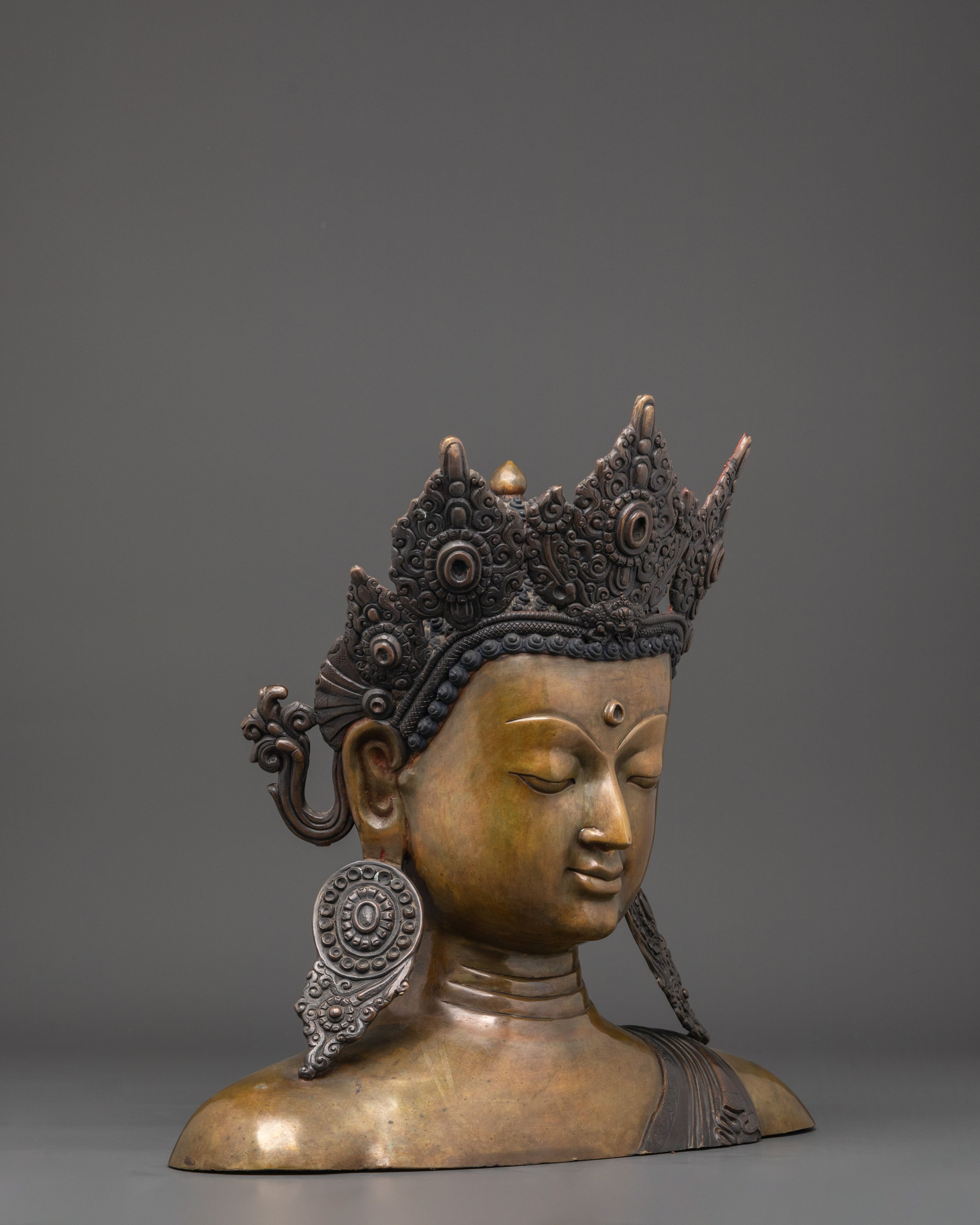 Tibetan Buddha Head Sculpture | Oxidized Copper Bust with Crown & Earrings