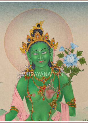 The Peaceful Gaze of Buddhist Goddess Green Tara | Compassionate Protector | Giclee Canvas Print