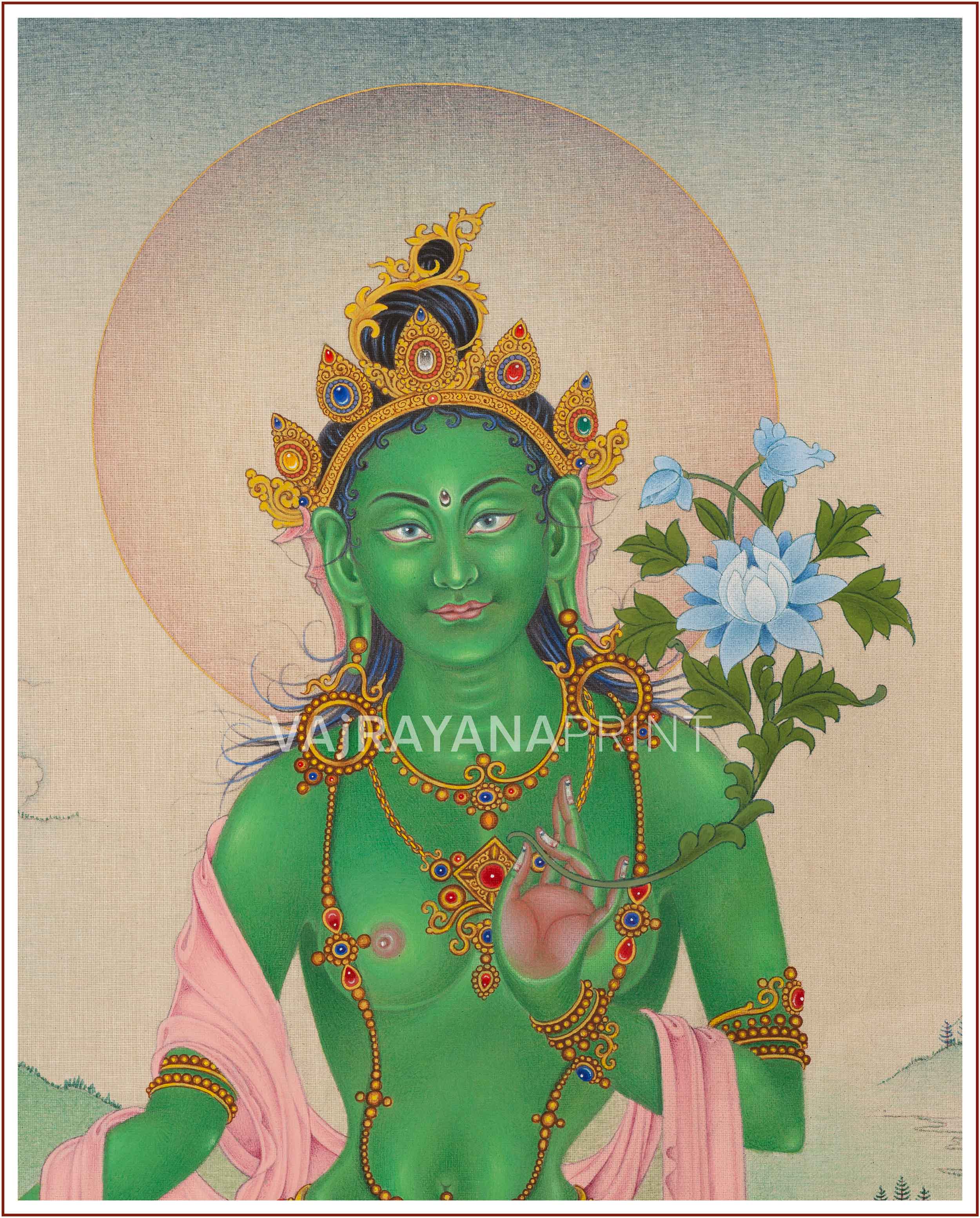 The Peaceful Gaze of Buddhist Goddess Green Tara | Compassionate Protector | Giclee Canvas Print