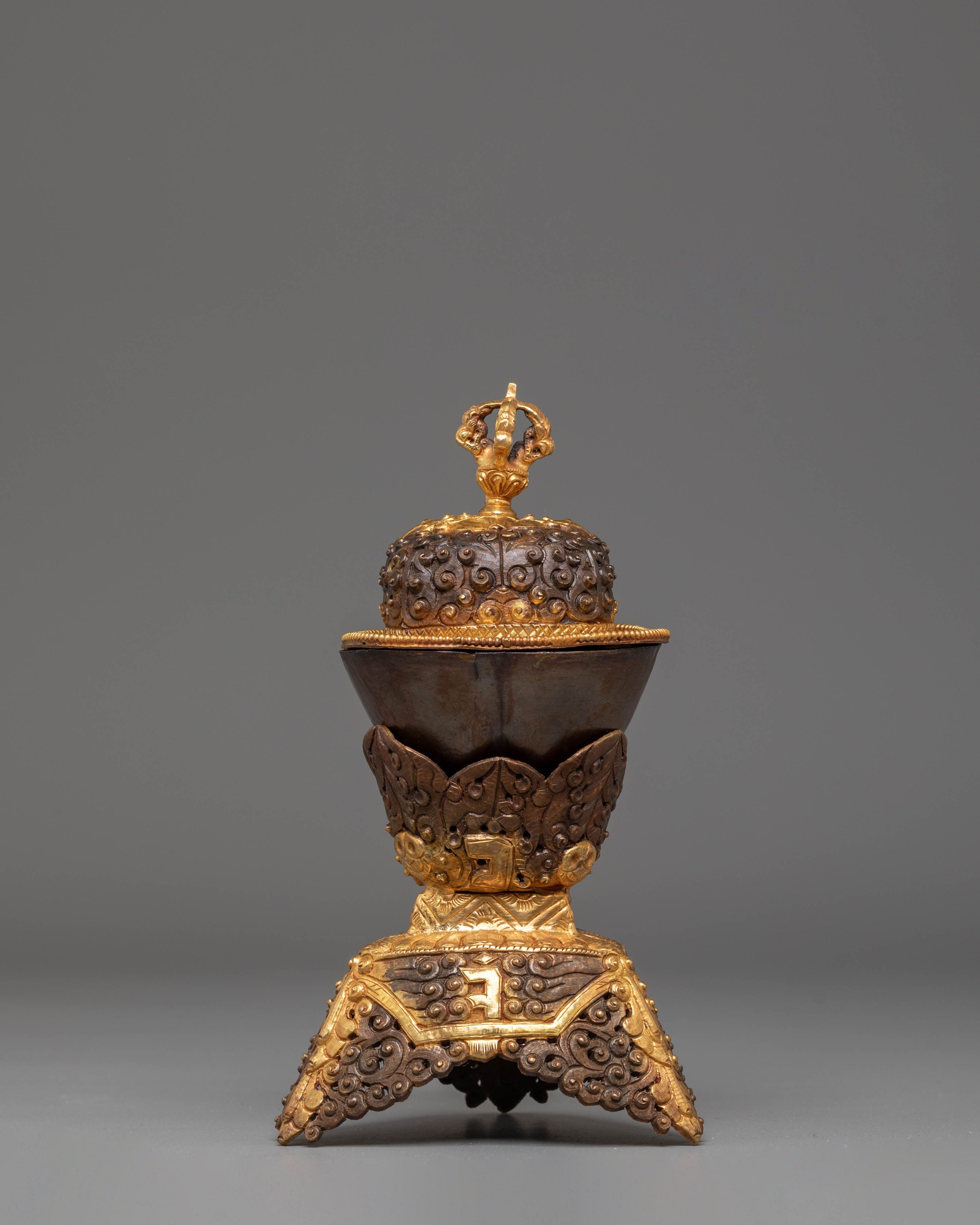 Handmade Kapala Sacred Ritual Set | Gold Plated Tibetan Offering Set