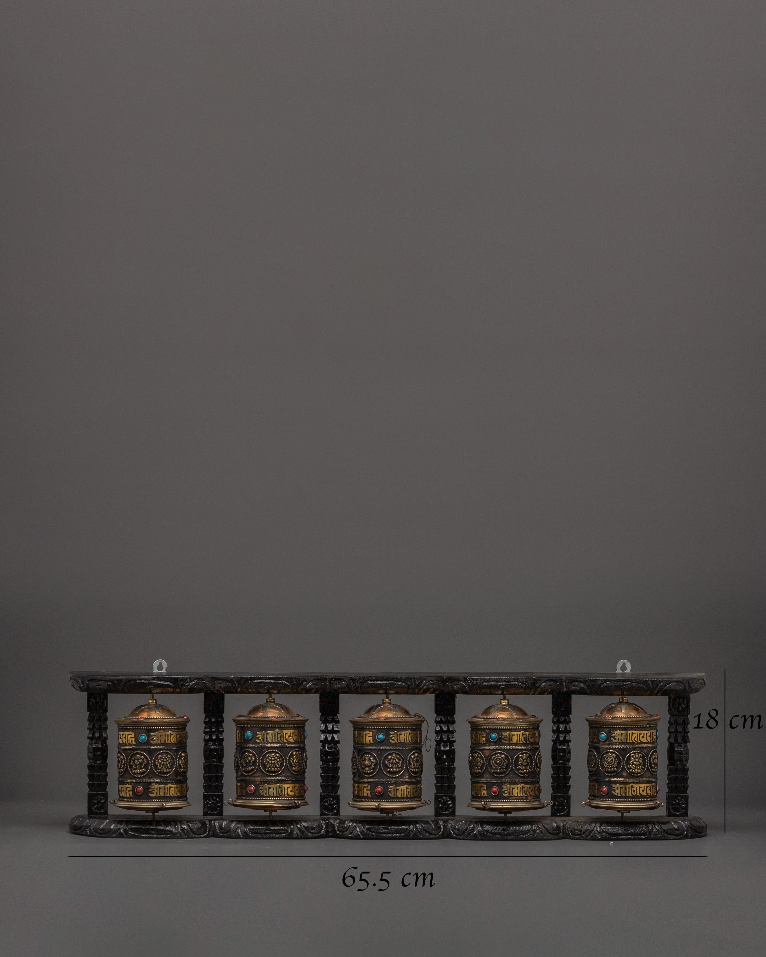 Five Tibetan Prayer Wheels on a Wooden Frame | Mantra Spinners