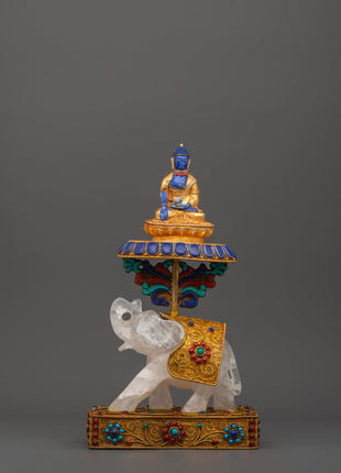 Shakyamuni Buddha on Crystal Elephant | Lapis & Coral Inlaid Gold Statue