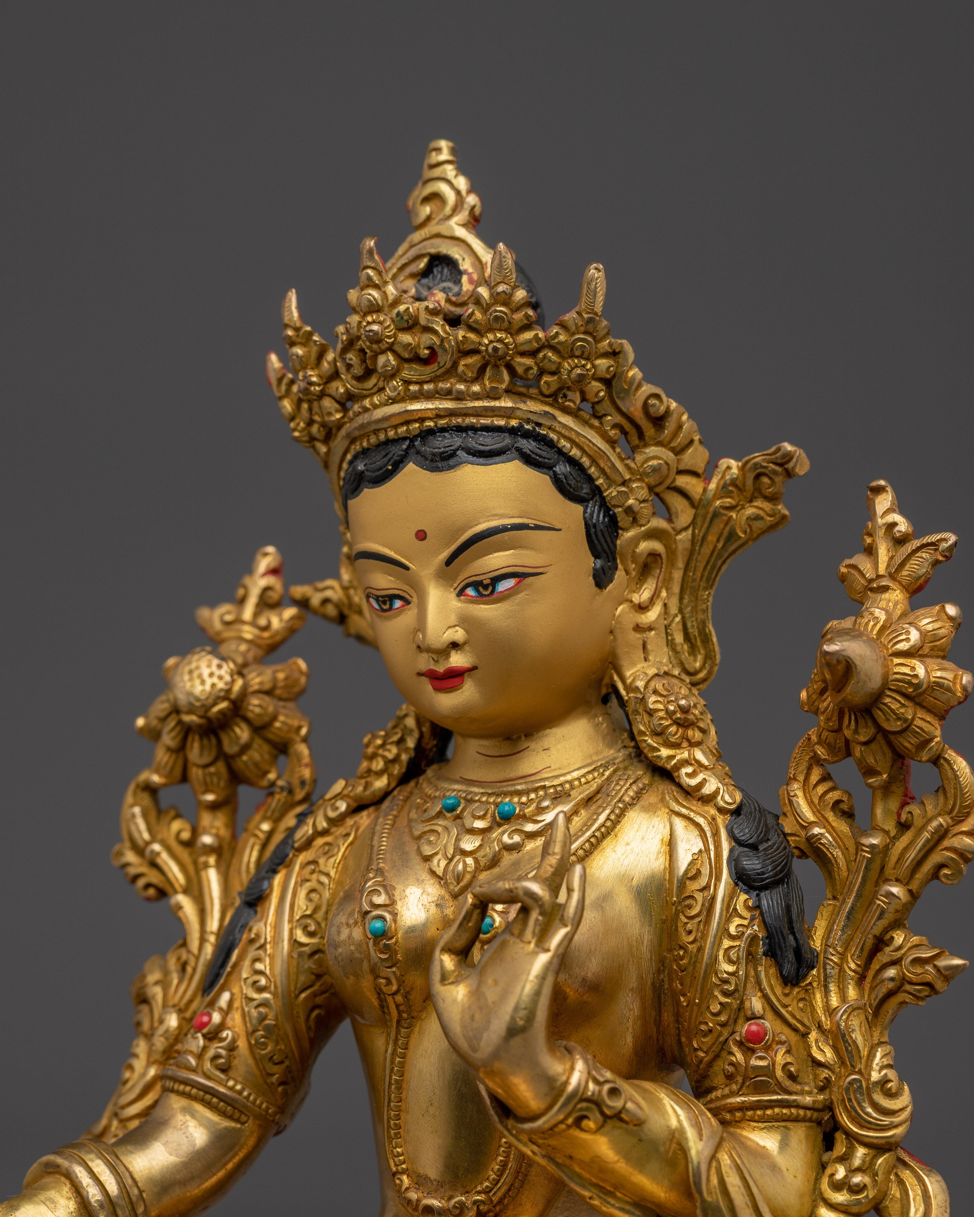 Green Tara Statue in Gold And Gemstones | Copper Deity for Healing