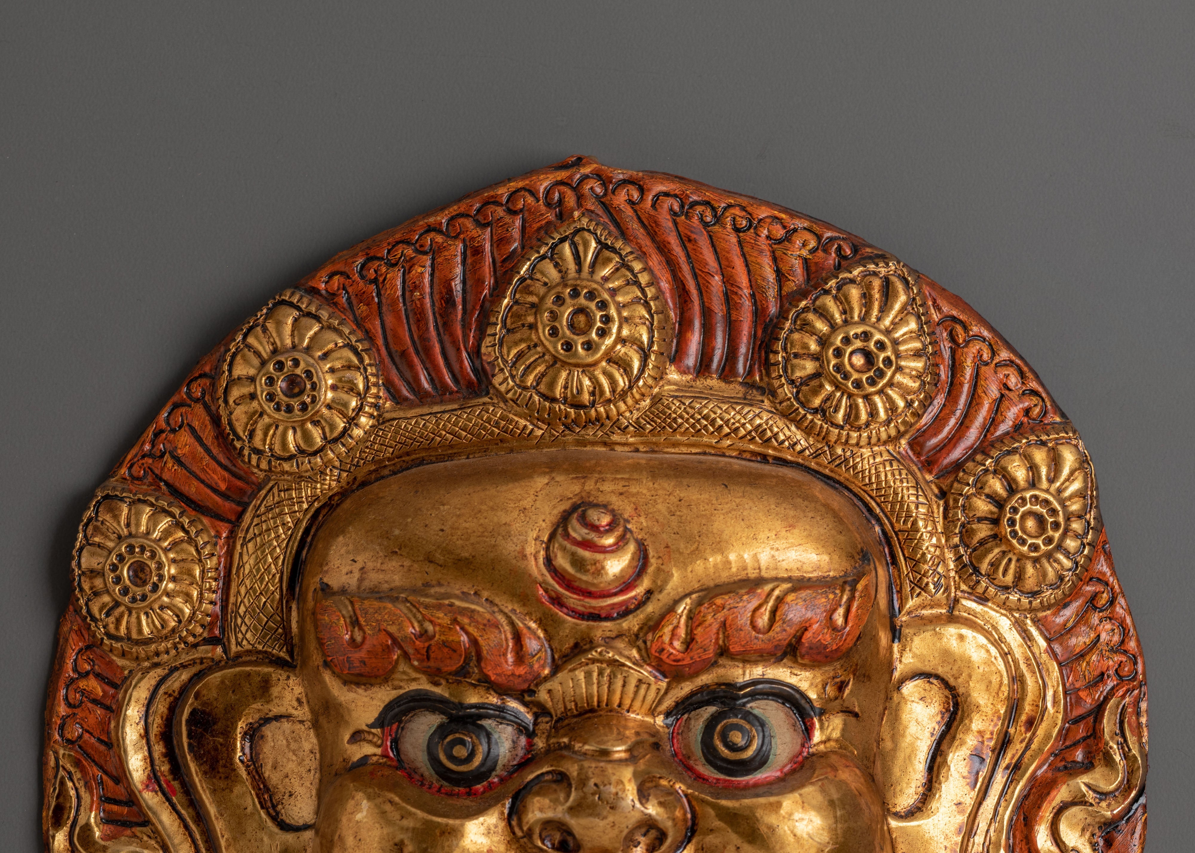 Handmade Tibetan Wrathful Deity Wall Hanging | Gold-Plated Brass Mask