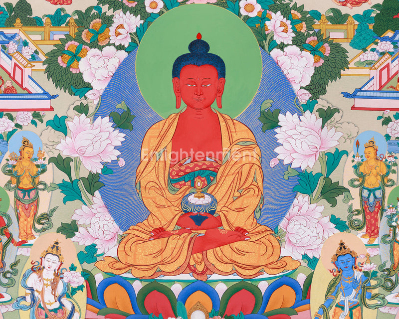 Buddhist Pure Land Thangka | Hand-Painted Amitabha Singham Artwork