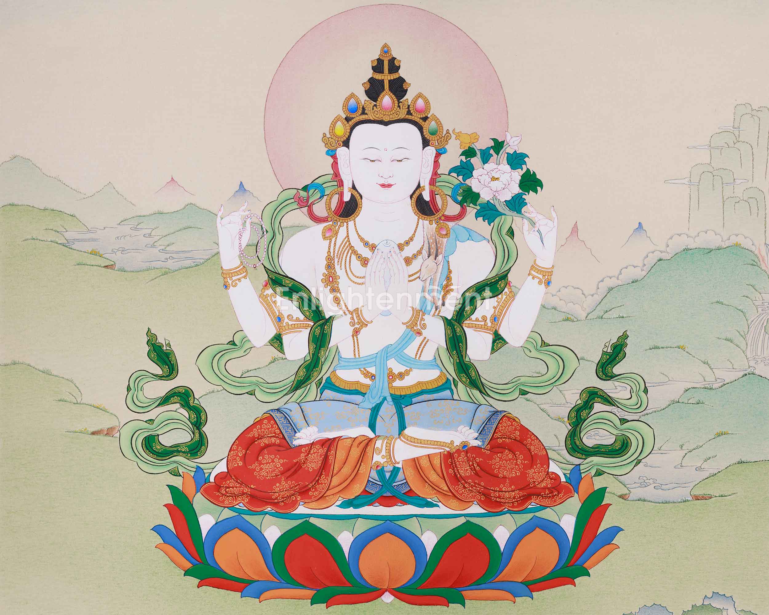 Hand-Painted Tibetan Buddha Chenrezig | Spiritual Guardian of Power and Compassion