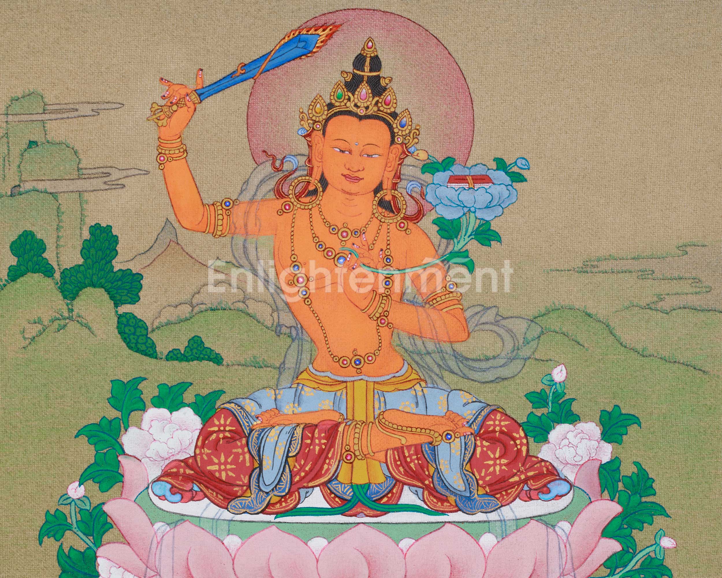 Small 23cm Manjushri Thangka | Bodhisattva of Insight and Knowledge