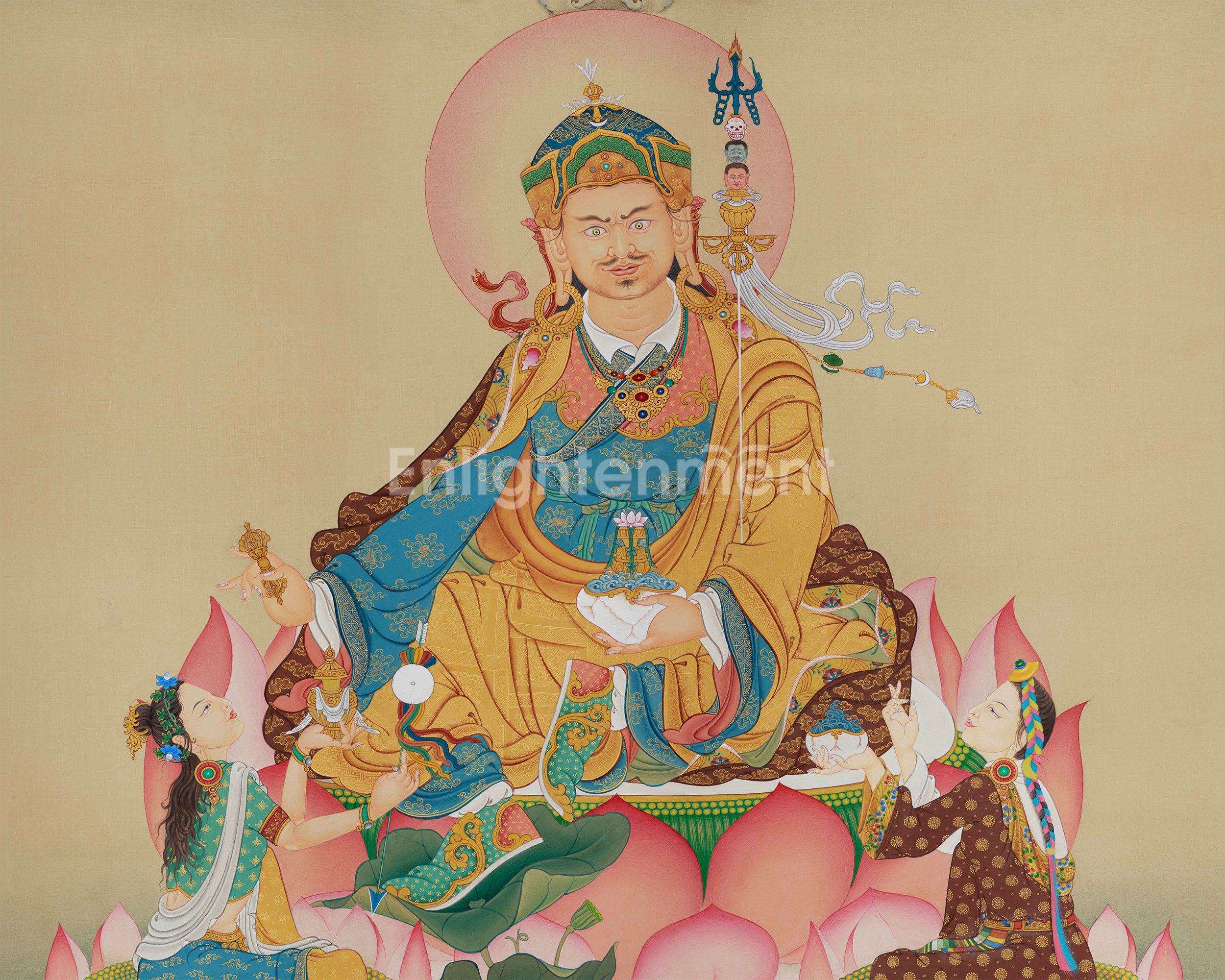 Spiritual Masterpiece, Enlightened Padmasambhava Thangka | Mandarava & Yeshe Tsogyal