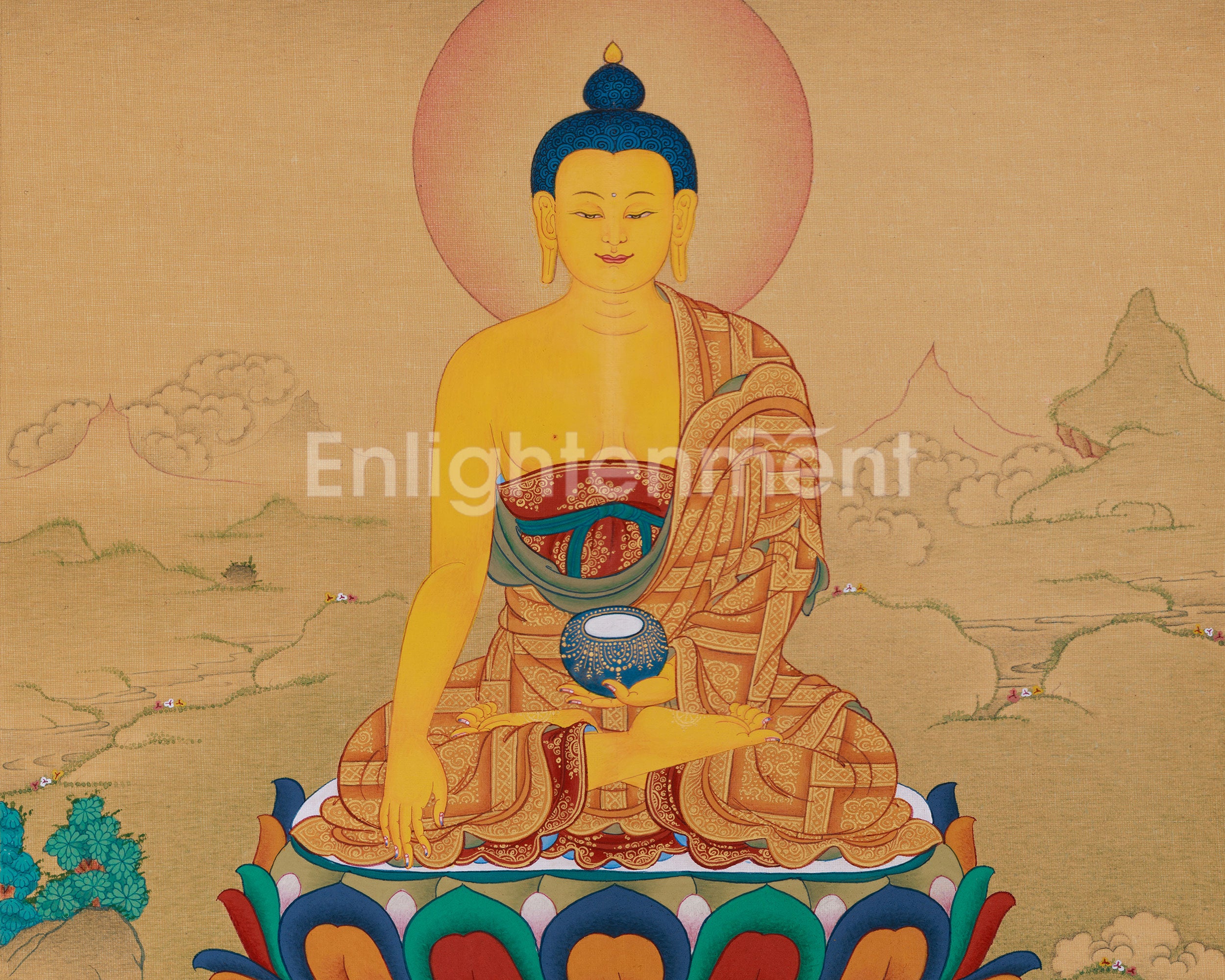 Hand-Painted Buddha In Bhumi Sparsha Mudra Thangka | Tibetan Buddha Painting