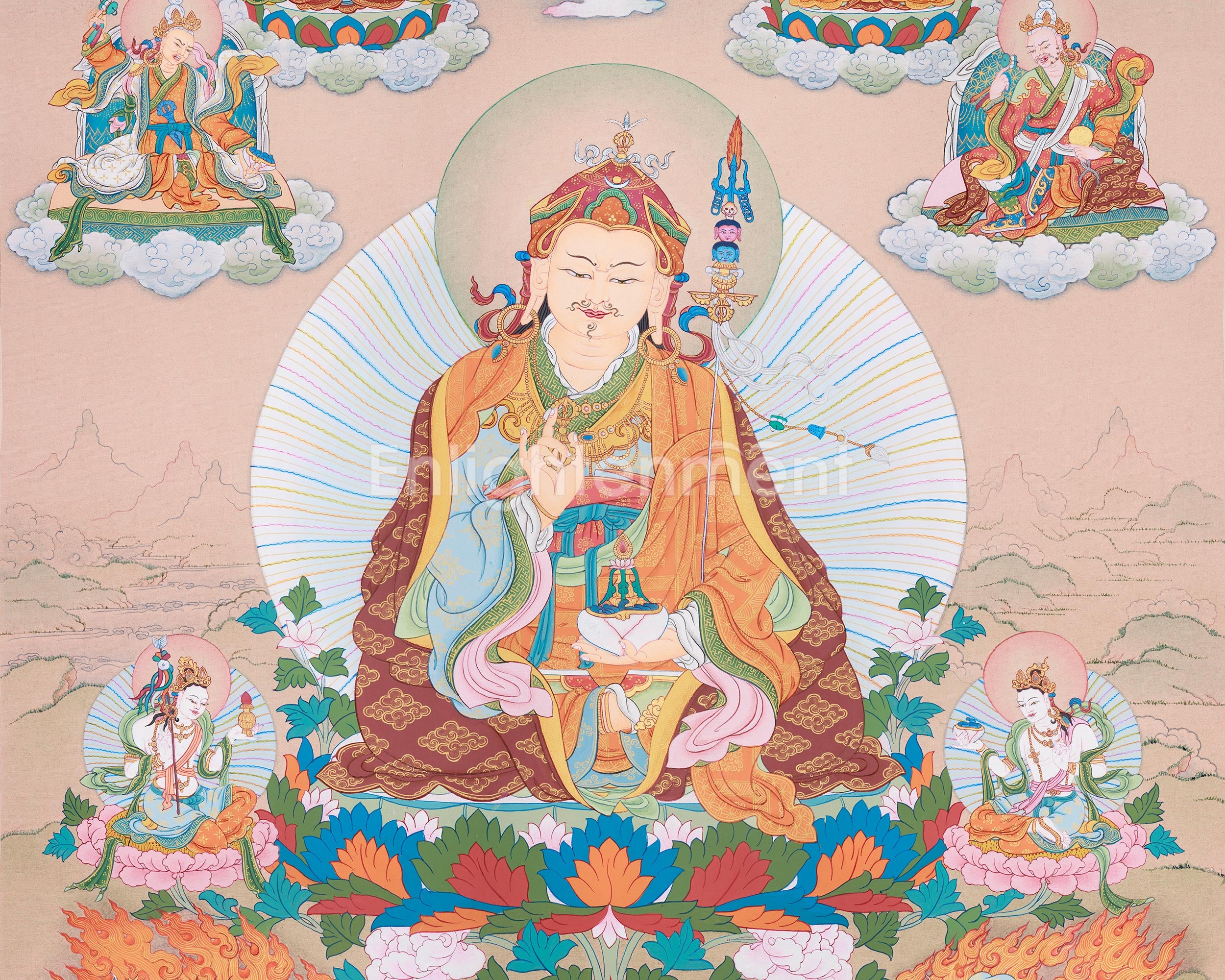 30 Inch Guru Manifestation Thangka | With Mandarva and Yeshe Tsogyal
