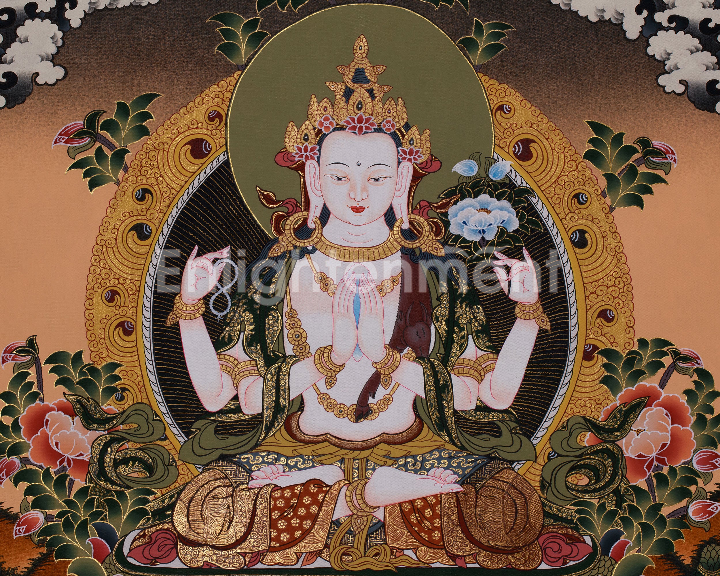 Four Armed Chenrezig with Manjushri and Vajrapani | Tibetan Bodhisattva Art
