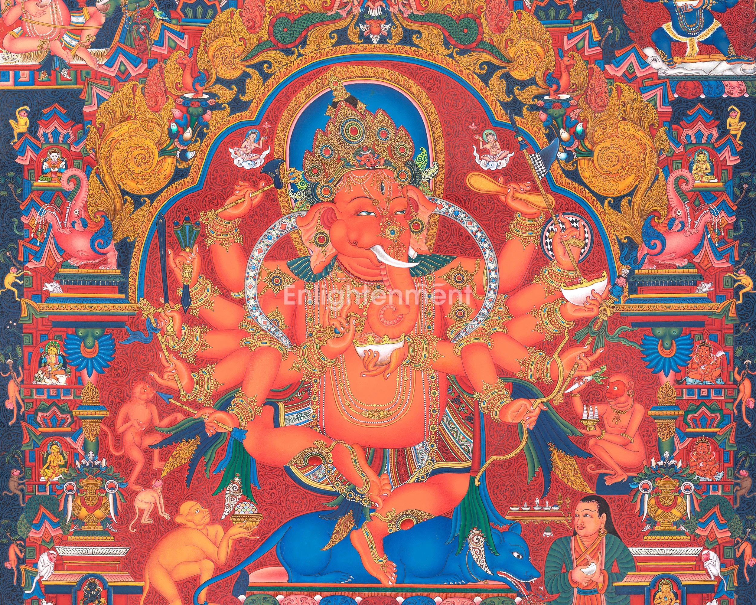 Hand Painted Ganesh Thangka | Hindu Deity Of Wealth | Traditional Wall Decoration