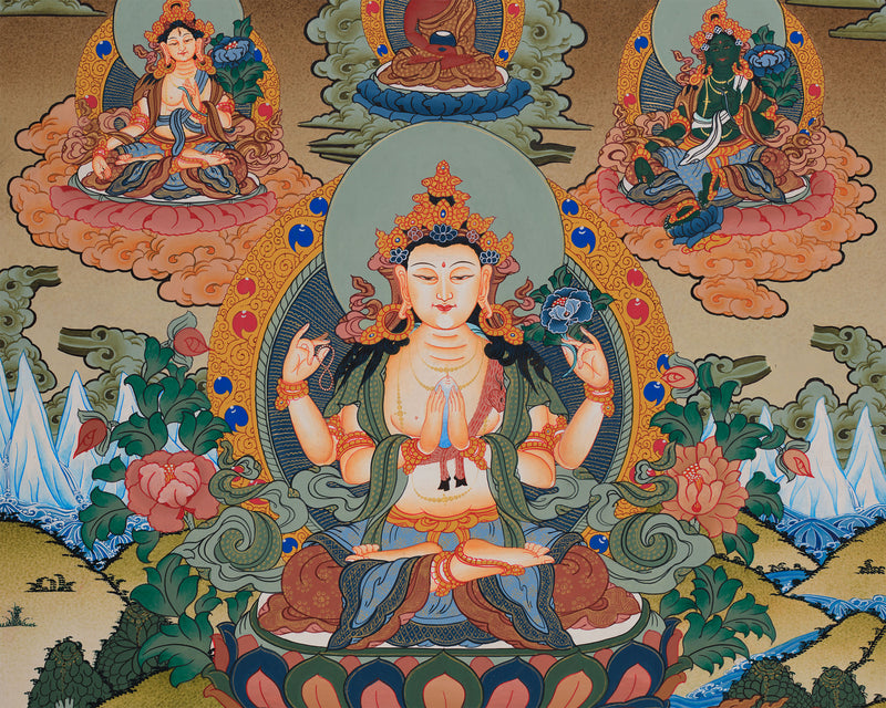 Avalokiteshvara Thangka with Buddhas and Bodhisattvas | Hand-Painted Himalayan Art