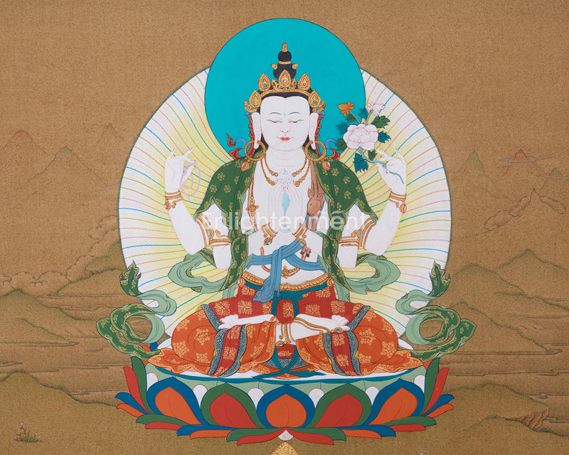 Chenrezig, Four-Armed Avalokiteshvara Thangka | Tibetan Compassion Deity