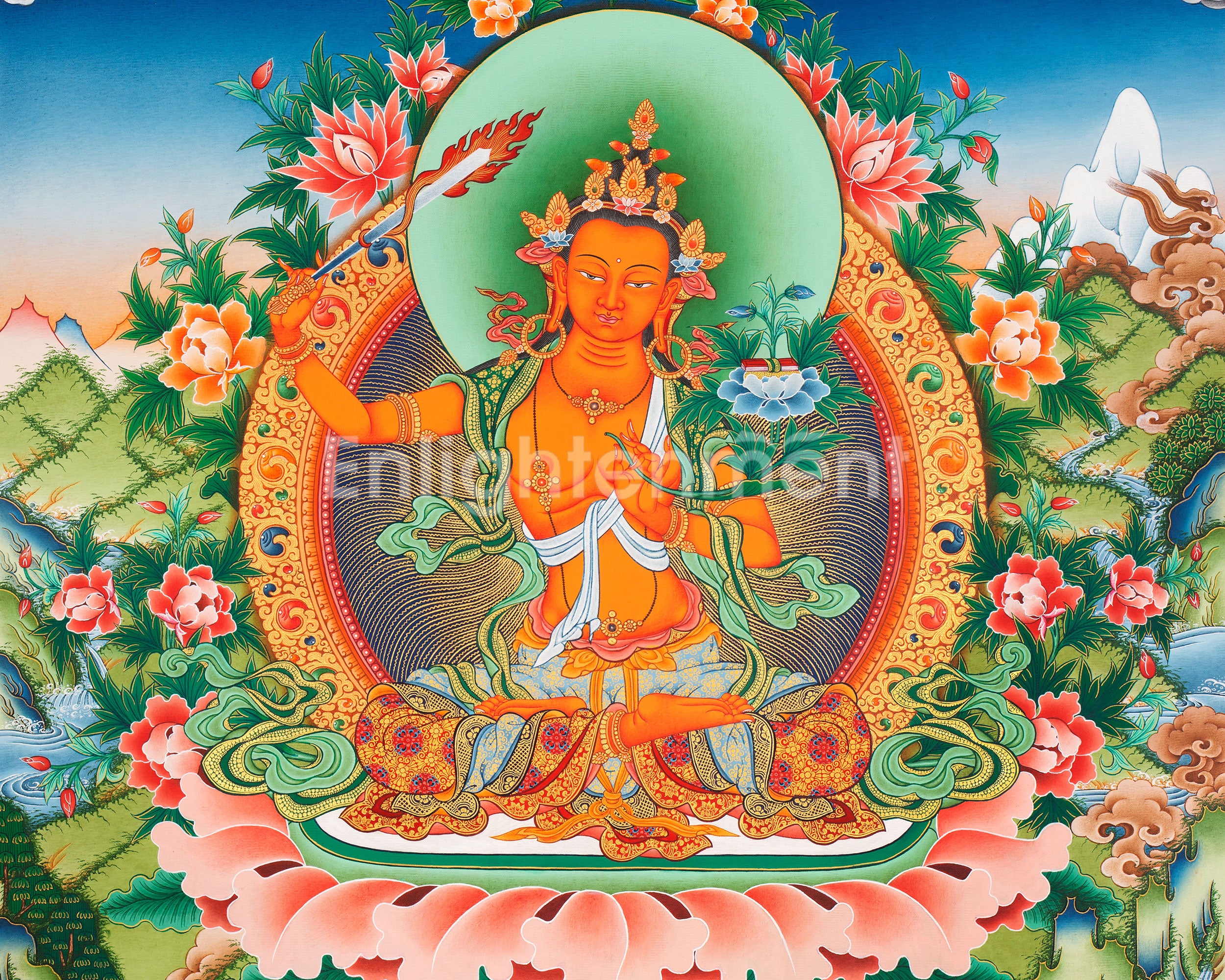 Buddhist Deity Manjushri Thangka | Sacred Buddhist Art of Wisdom and Compassion