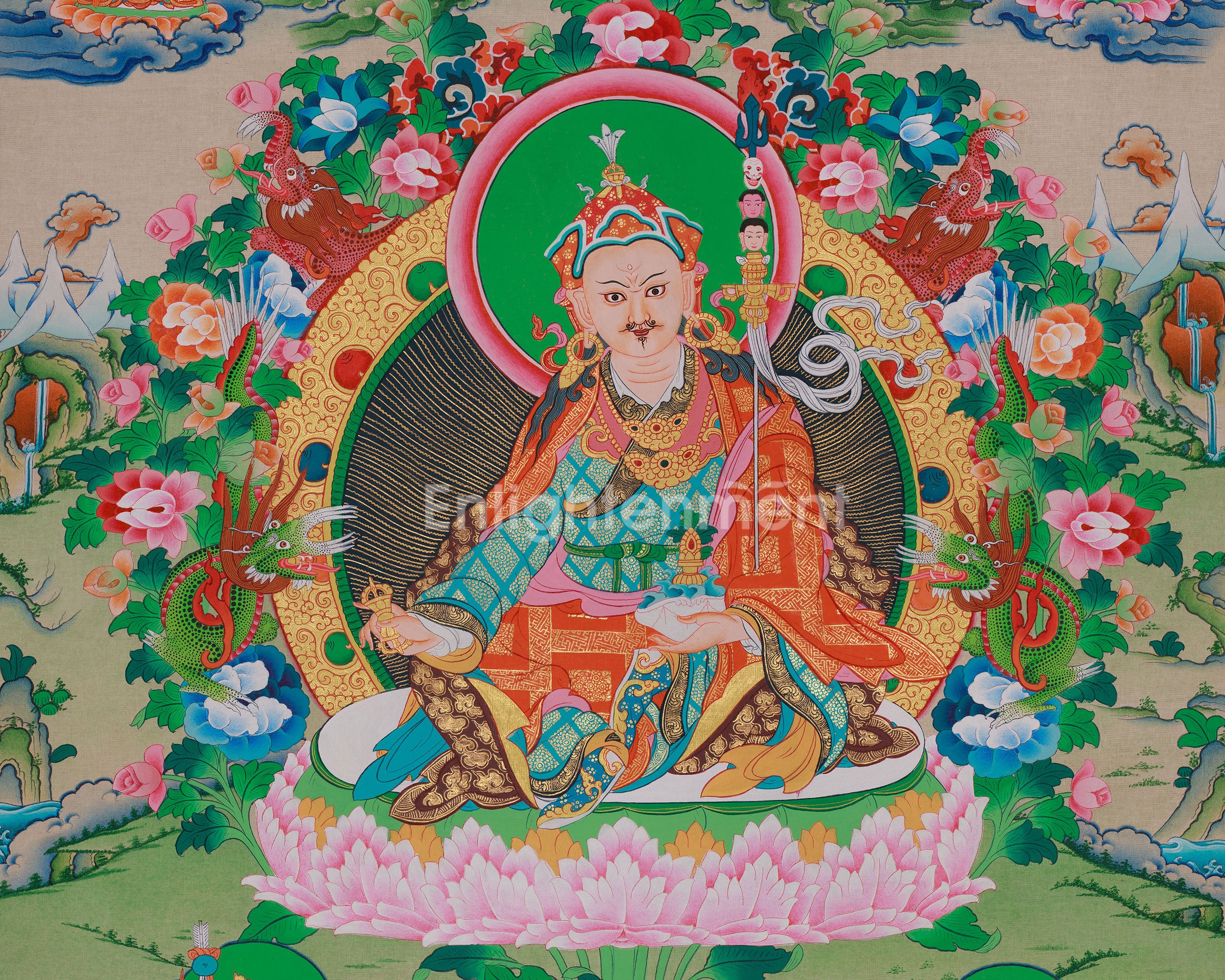 Spiritual Teacher Guru Padmasambhava | With His Two Principal Consort and Five Dhyani Buddhas