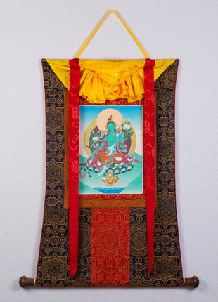 Green Tara Thangka | Handmade Art Painting | Tibetan Thangka with Brocade