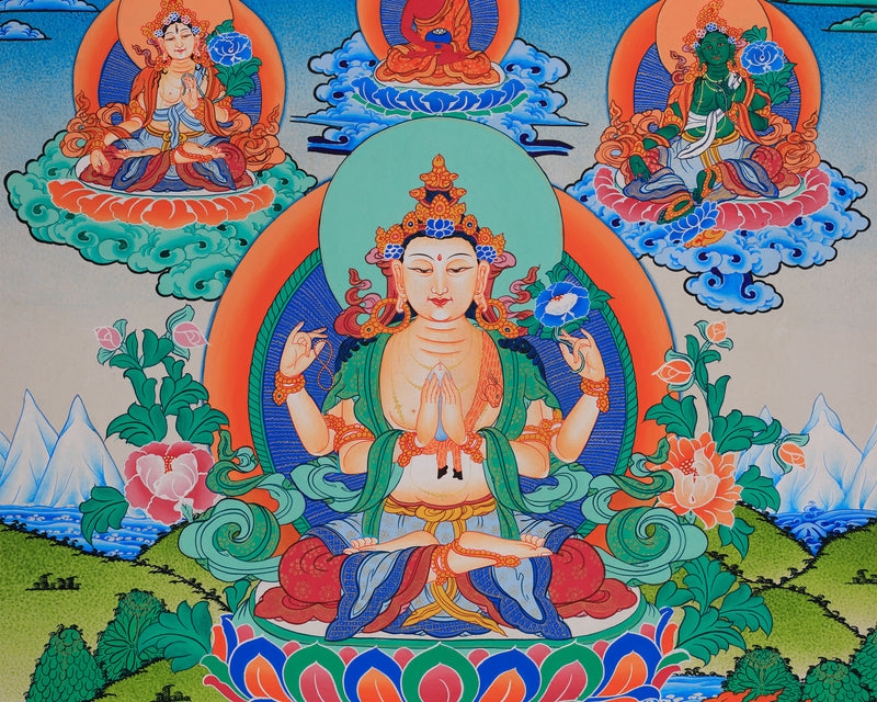 Avalokiteshvara Thangka with Buddhas and Bodhisattvas | Hand-Painted Himalayan Art