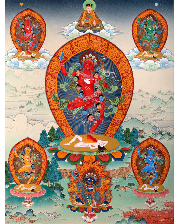 Dorje Phagmo, Vajravarahi Mandala Thangka with Four Dakini, Karma Kagyu Tradition