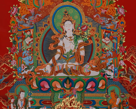 Tara with Buddhas and Bodhisattvas | White Tara Thangka for Healing, Wisdom & Longevity