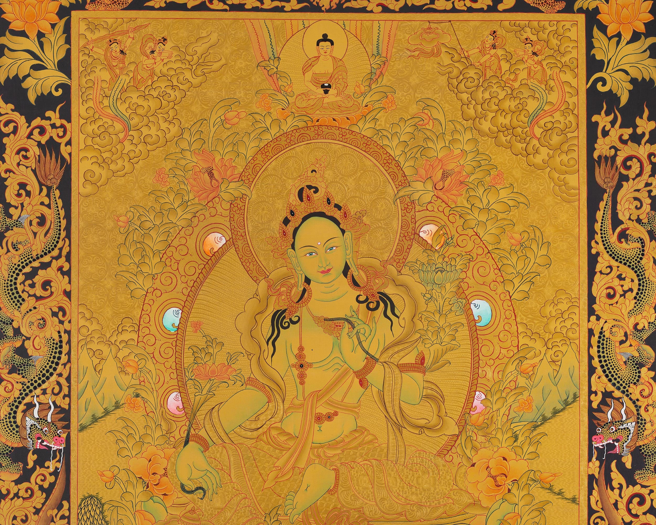 Full 24K Gold Green Tara Thangka Wall Decoration Art | Shyamatara Deity