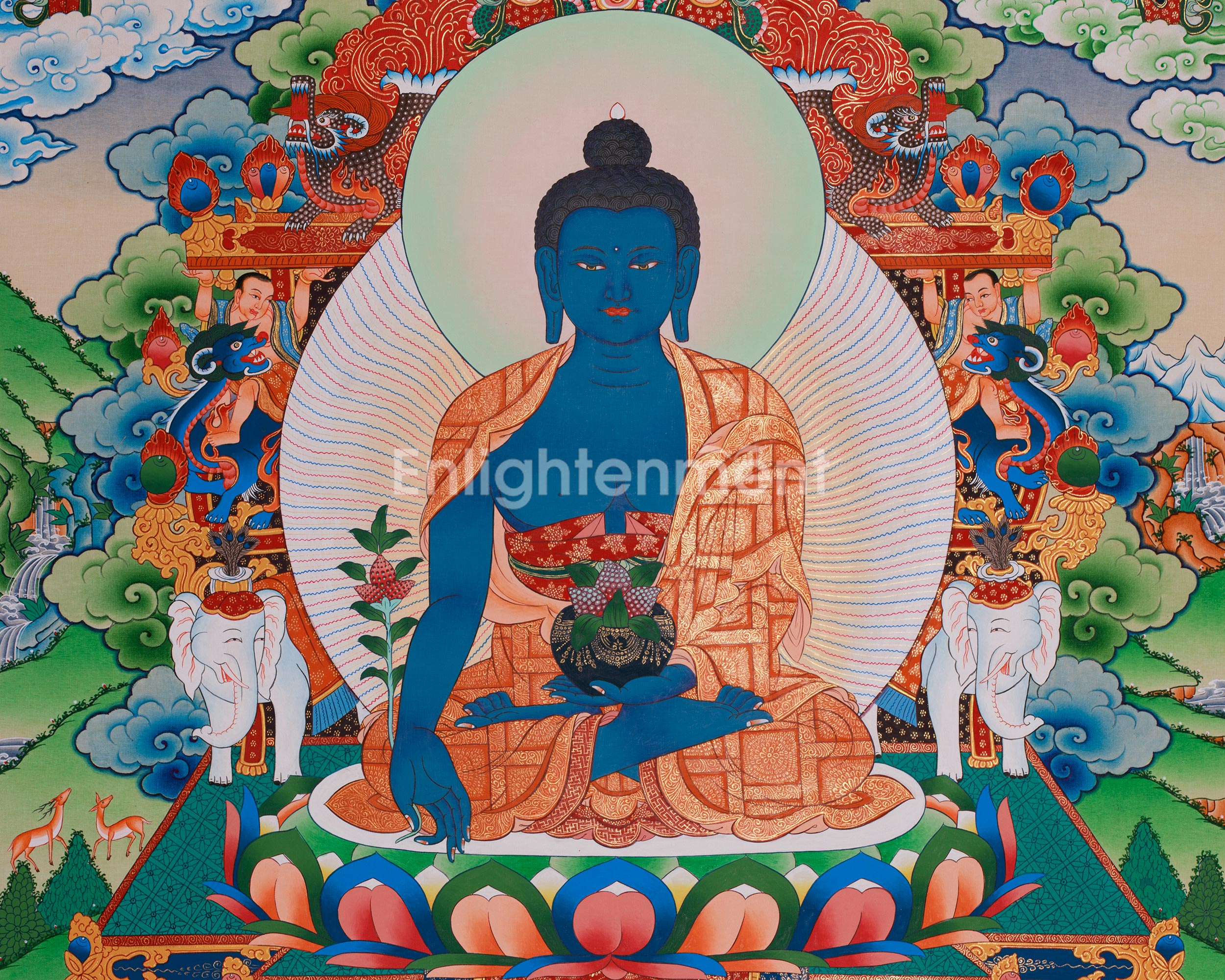 Lapis Lazuli Bhaisajyaguru Thangka | Medicine Buddha and Compassionate Guardians