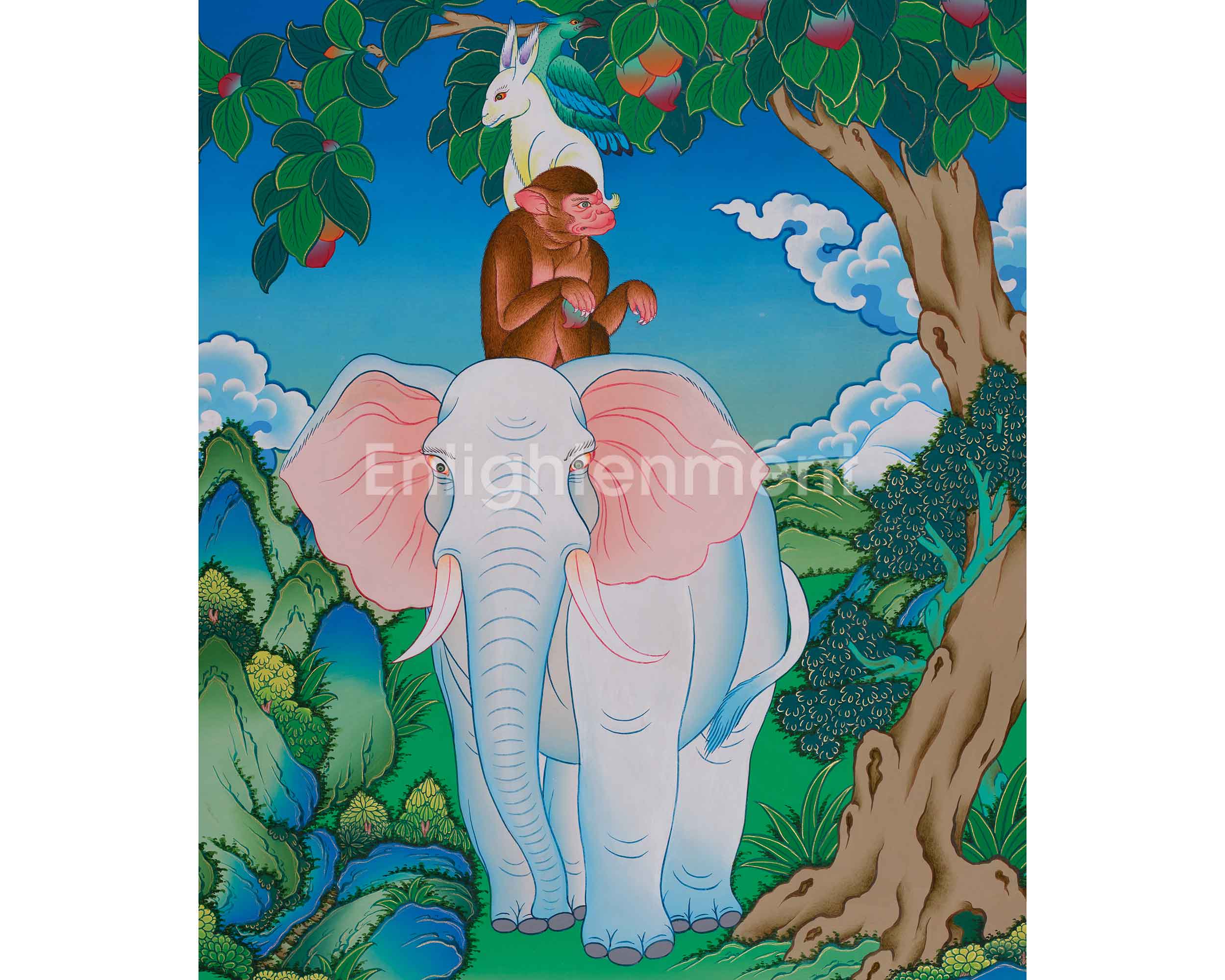 Original Hand-Painted 4 Harmonious Animals | Tibetan Art of Unity & Balance
