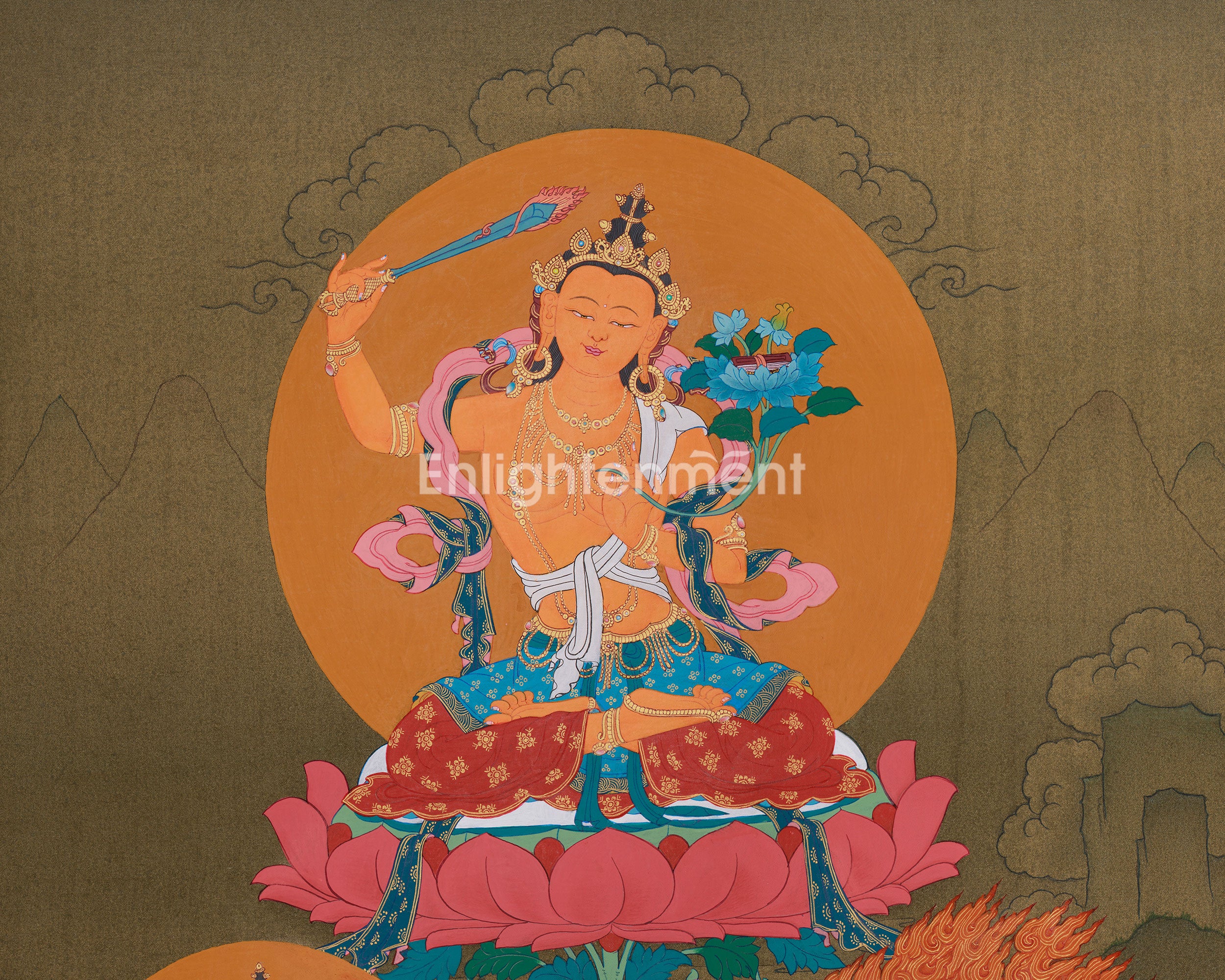 Tibetan Buddhist Manjushri with Chenrezig and Vajrapani | Thangka of Three Bodhisattvas