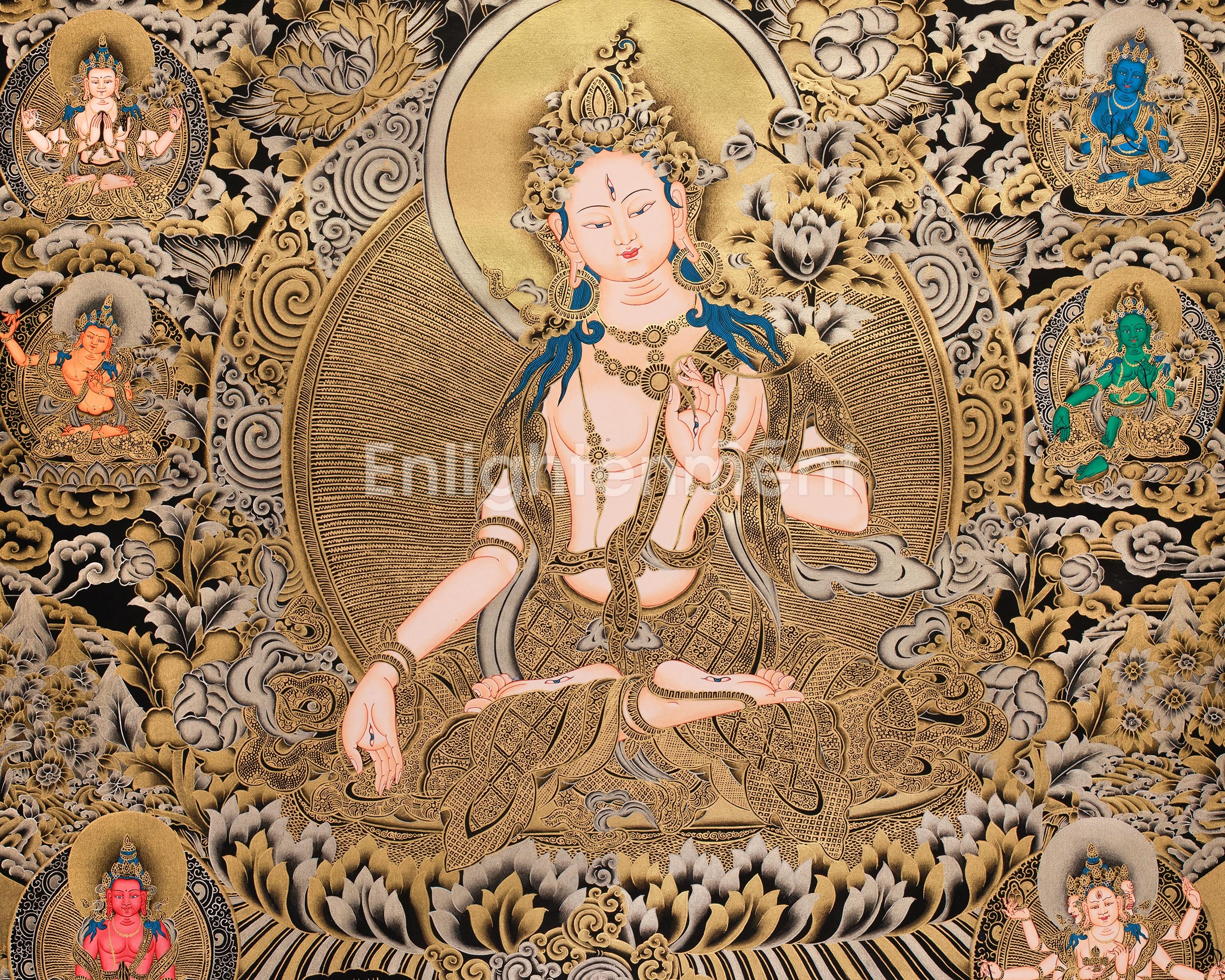 Regal 24K Gold Thangka of White Tara | Ethereal Presence of Goddess Dolma