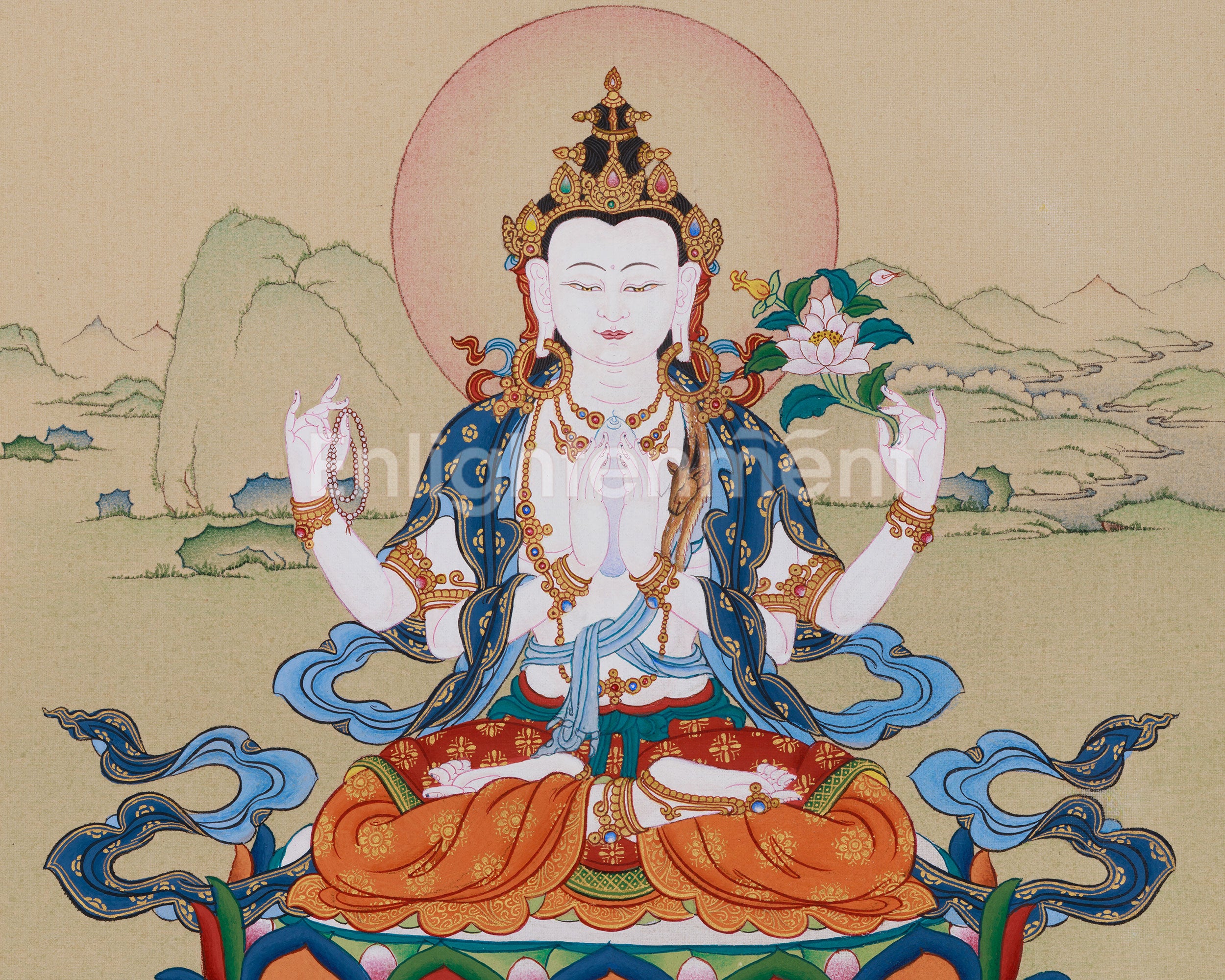 Four-Armed Chenrezig Buddha Thangka | A Symbol of Compassion | Includes Brocade