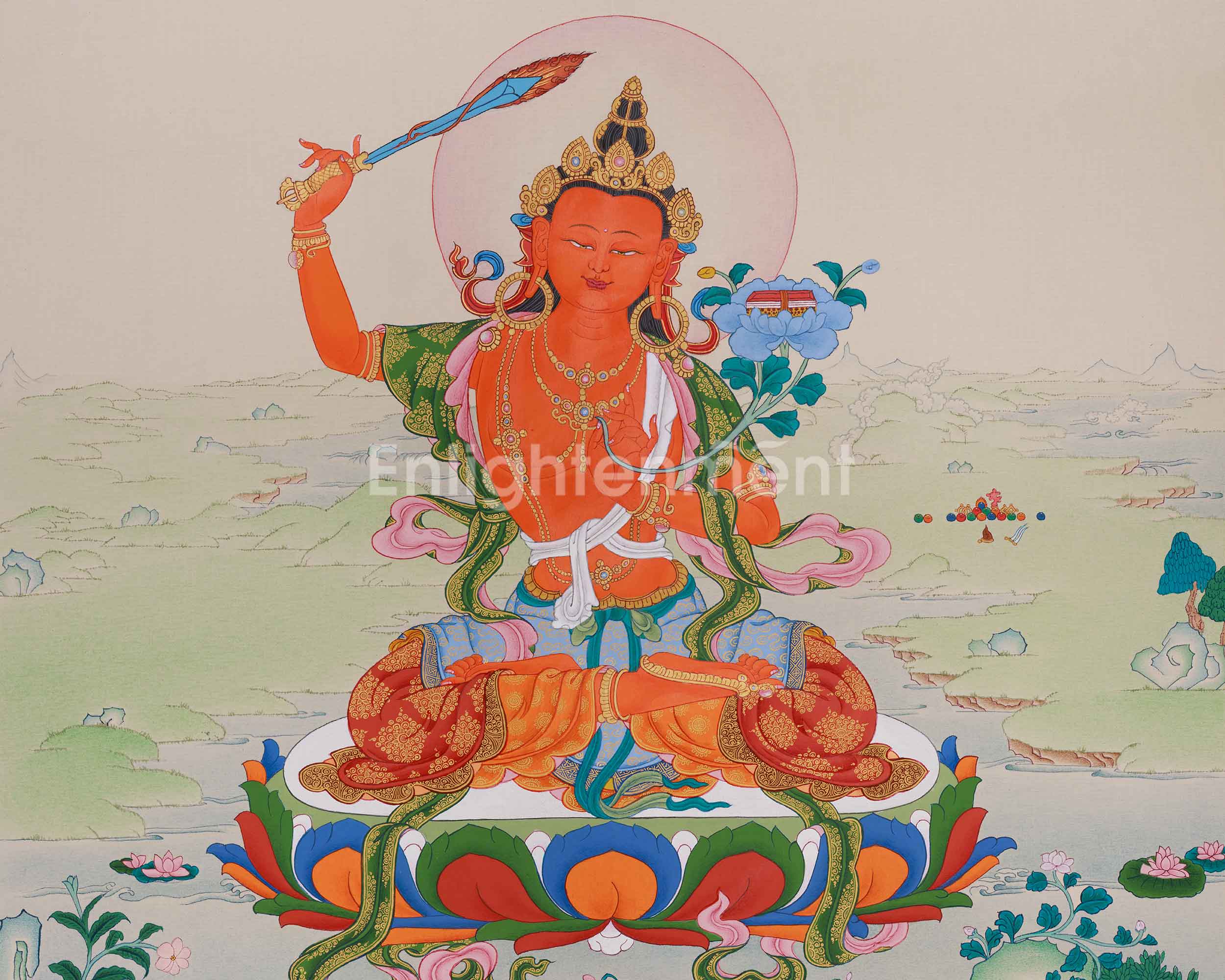 Traditional Thangka Of Manjushri | Wisdom Deity
