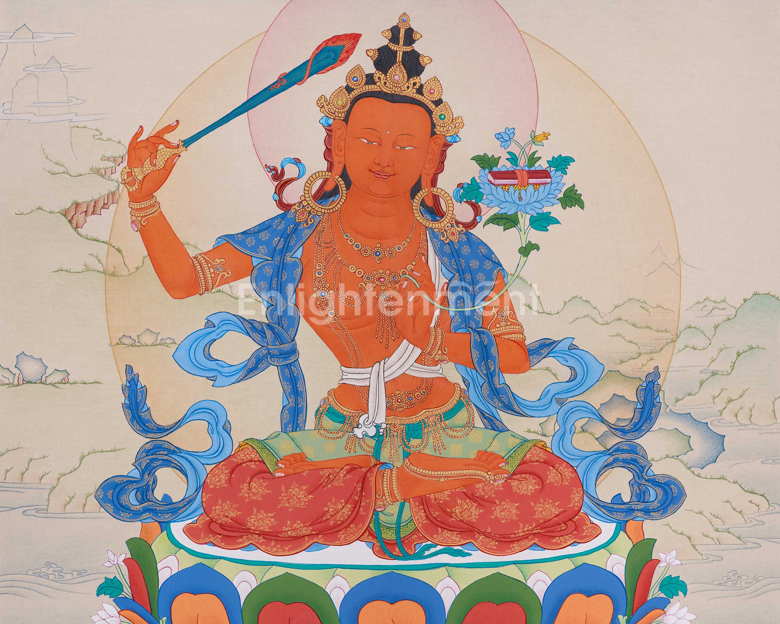 24 Inch Manjushri Thangka | Bodhisattva of Profound Knowledge and Clarity