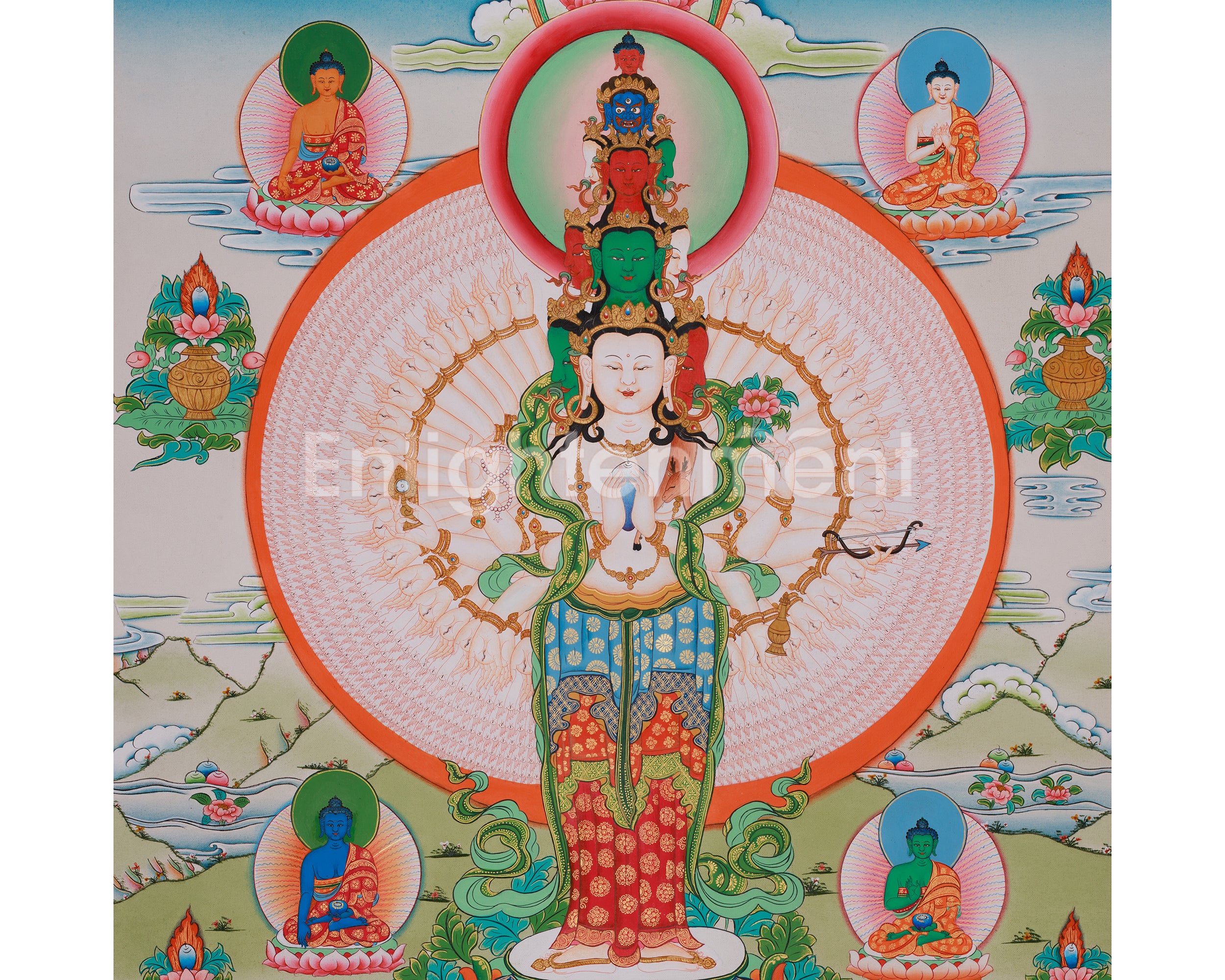 1000 Armed Chenrezig Sacred Artwork | Avalokiteshvara Compassion Deity | Five Dhyani Buddhas