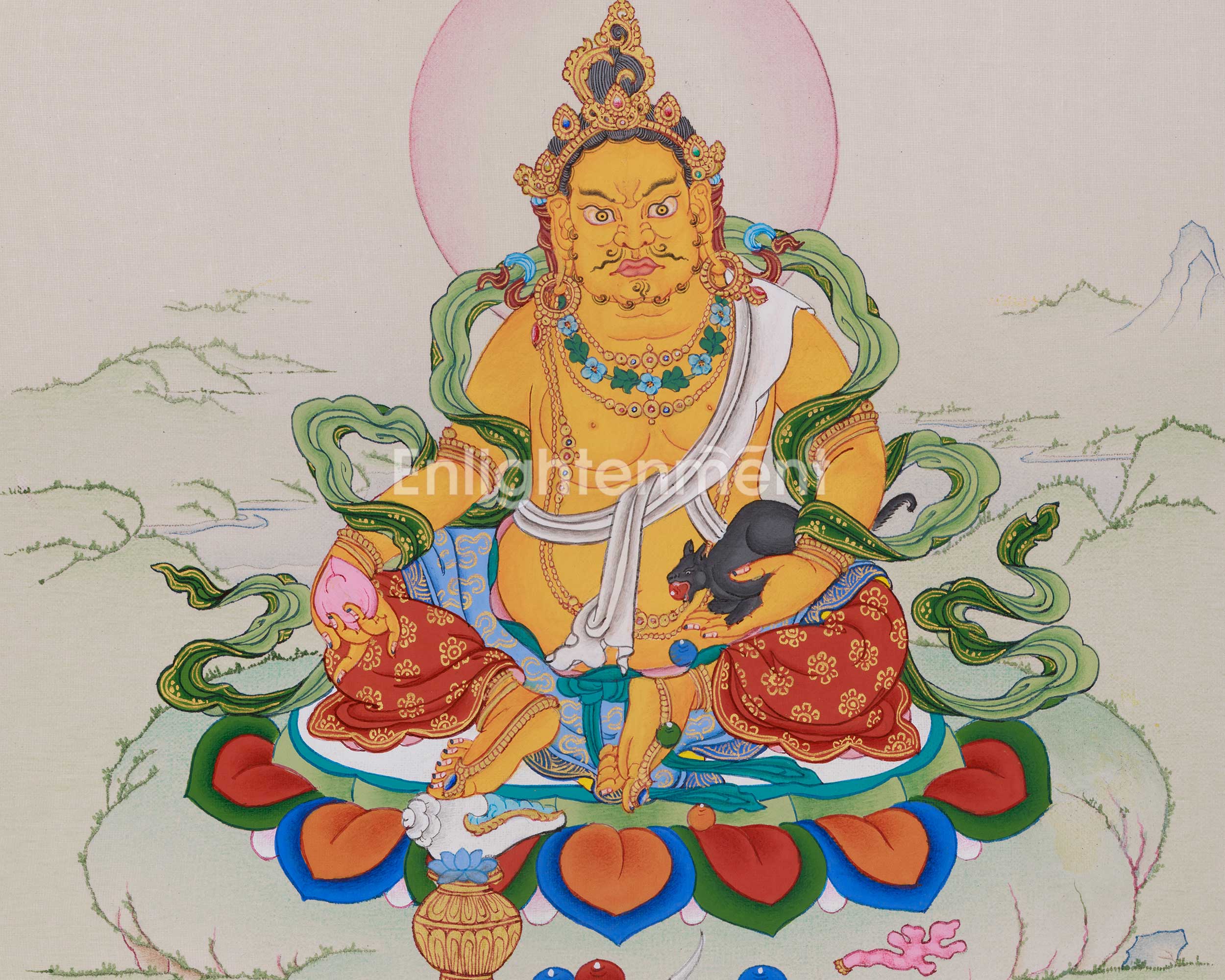Sacred Thangka of Yellow Jambhala | Tibetan Buddha of Fortune and Prosperity