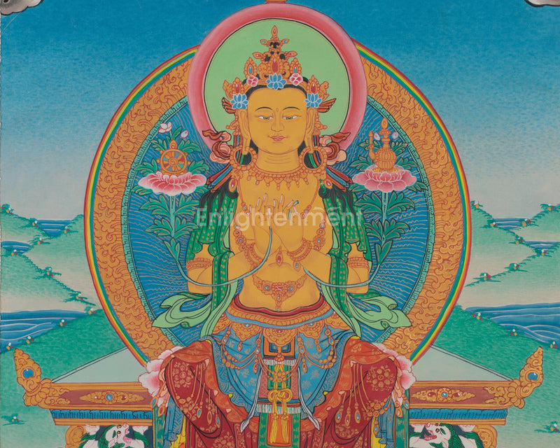 Future Buddha Maitreya Thangka | Sacred Art with Blue and Red Silk Brocade