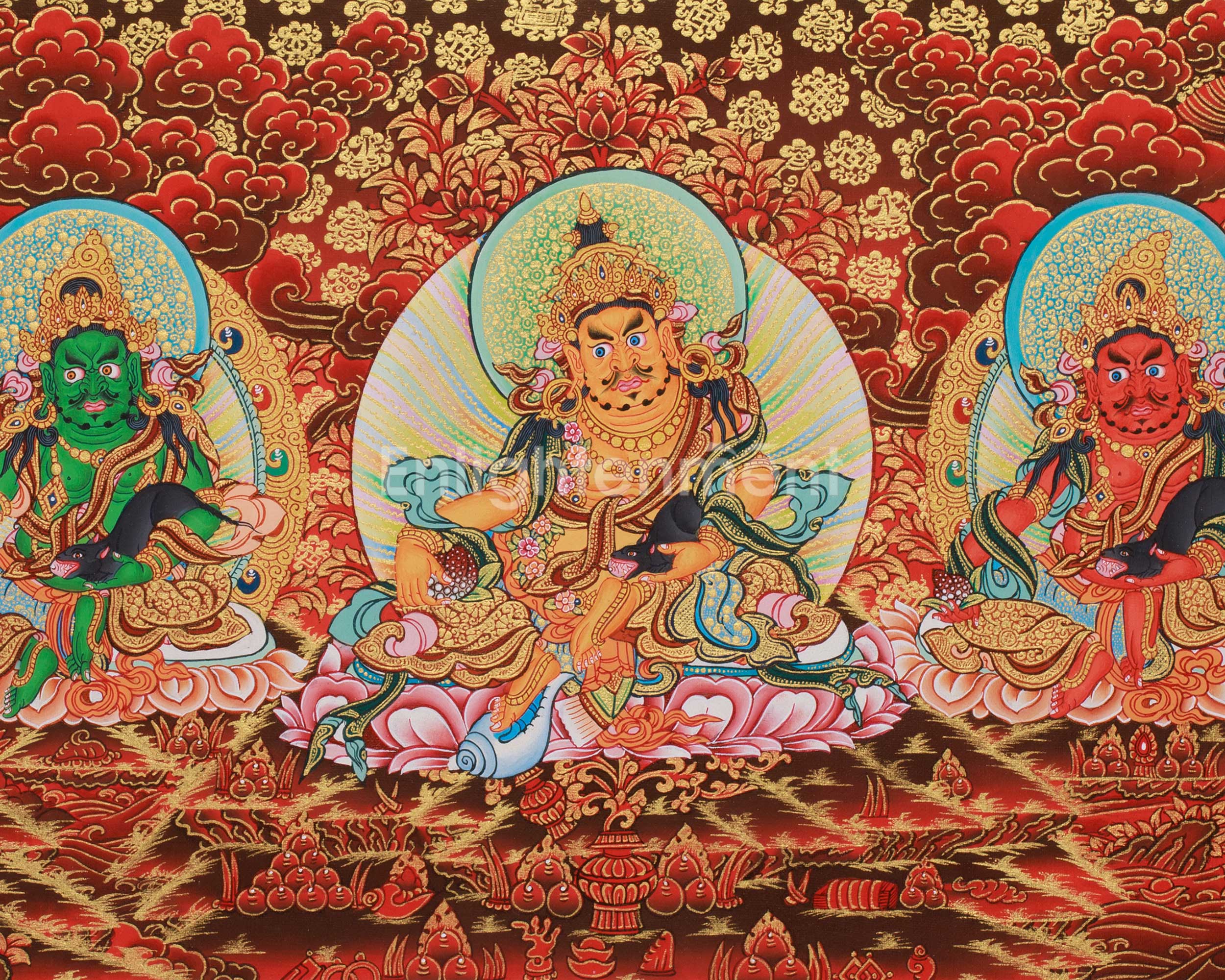Buddhist Wealth Deities Manifestation | Gold Thangka of the Five Dzambhalas