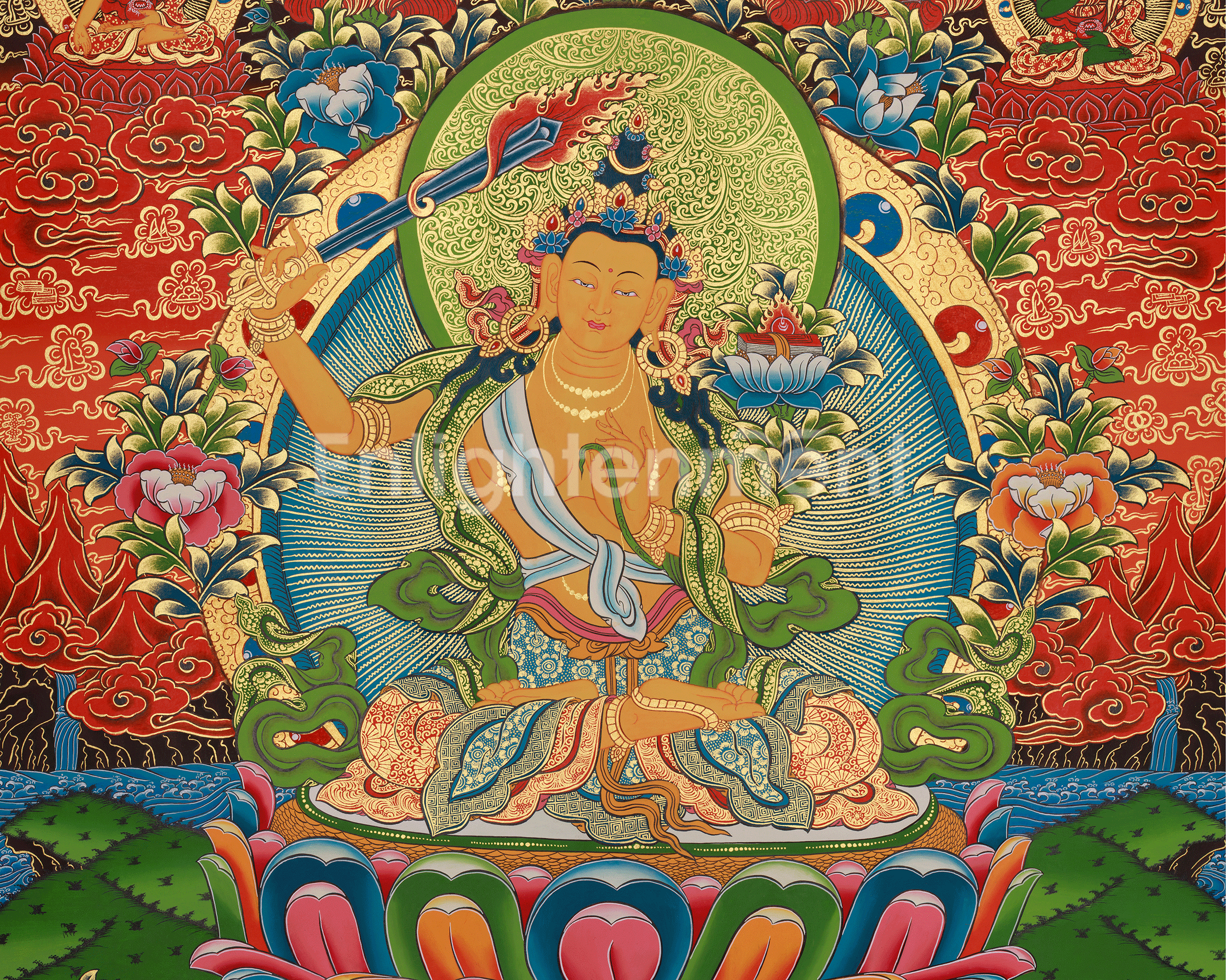 Himalayan Art of Manjushri | Sacred Thangka of Wisdom and Enlightened Clarity