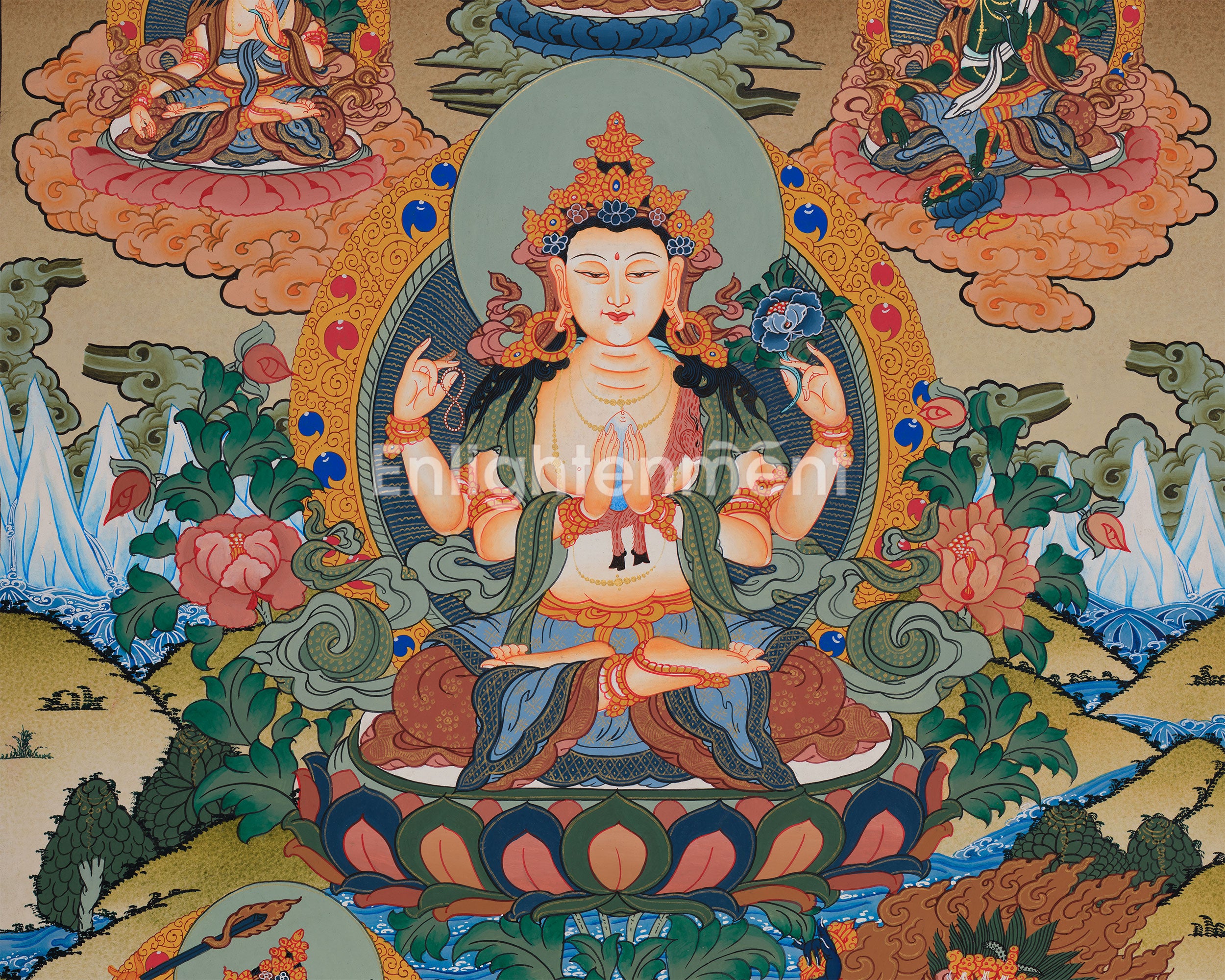 Avalokiteshvara Thangka with Buddhas and Bodhisattvas | Hand-Painted Himalayan Art