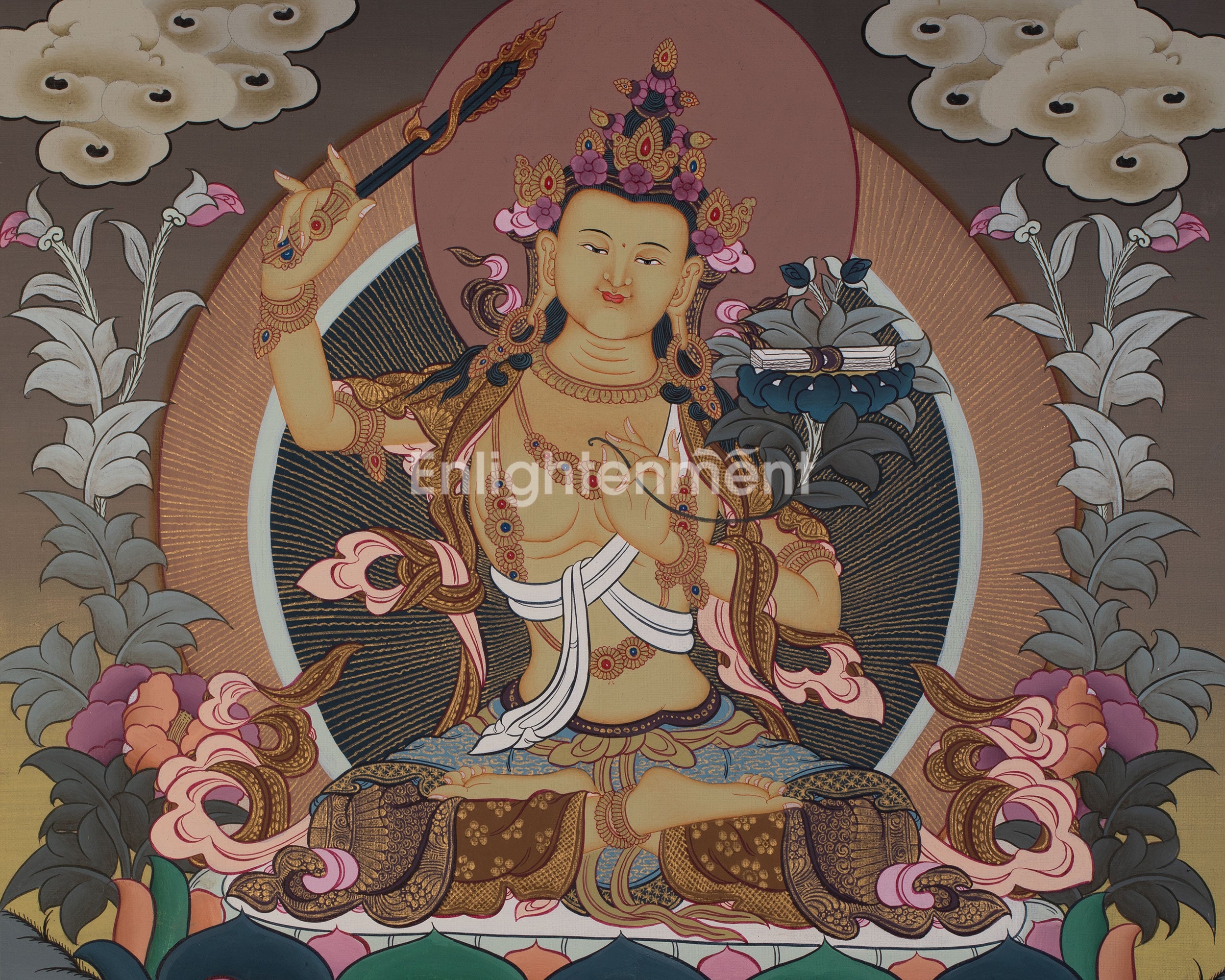 Manjushri Thanka | Tibetan Bodhisattva with Flaming Sword of Wisdom