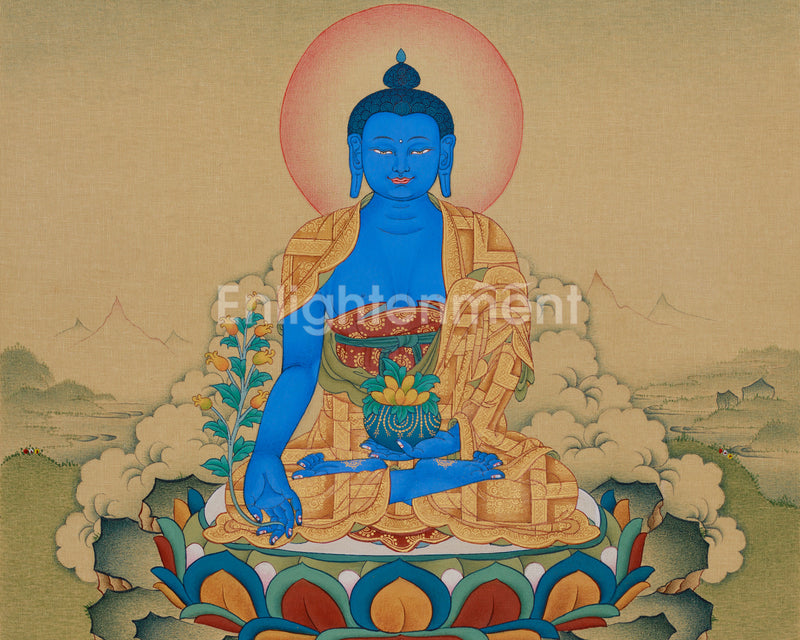 Bhaisajyaguru, The Healing Buddha | Blue Buddha Thangka with Healing Herb