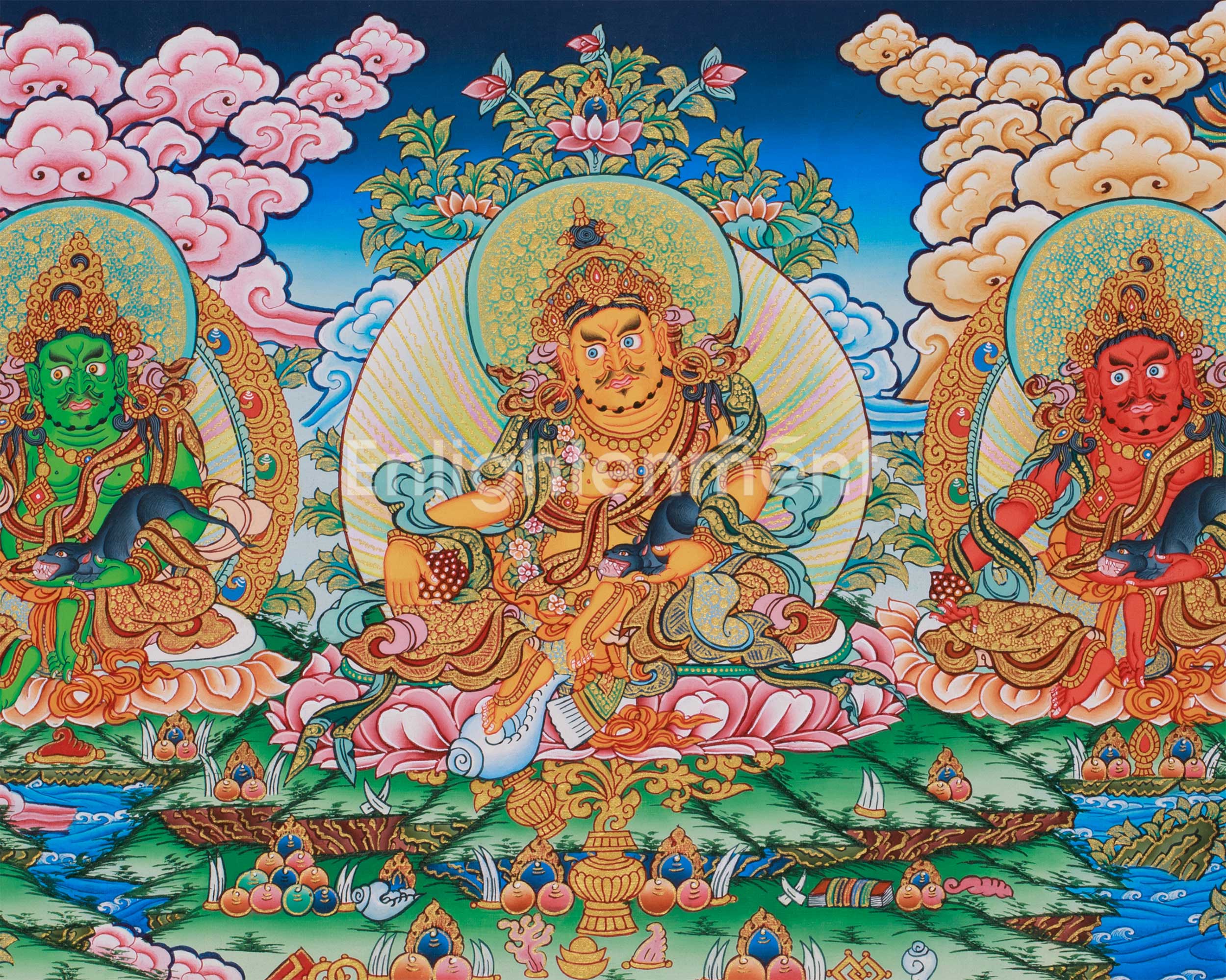 Buddhist 5 Dzambhala Thangka | Divine Guardians of Fortune & Wealth