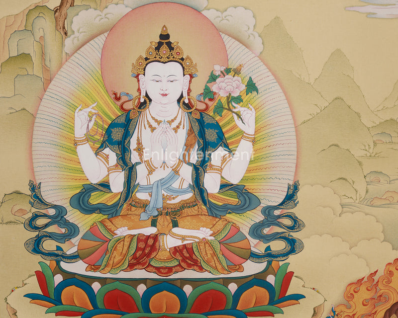 Avalokiteshvara Thangka with Manjushri & Vajrapani: Authentic stone Colors from Tibet