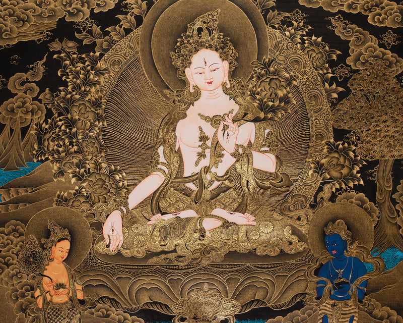 Golden Glow White Tara Female Buddha Thangka | A Testament to Spiritual Grandeur