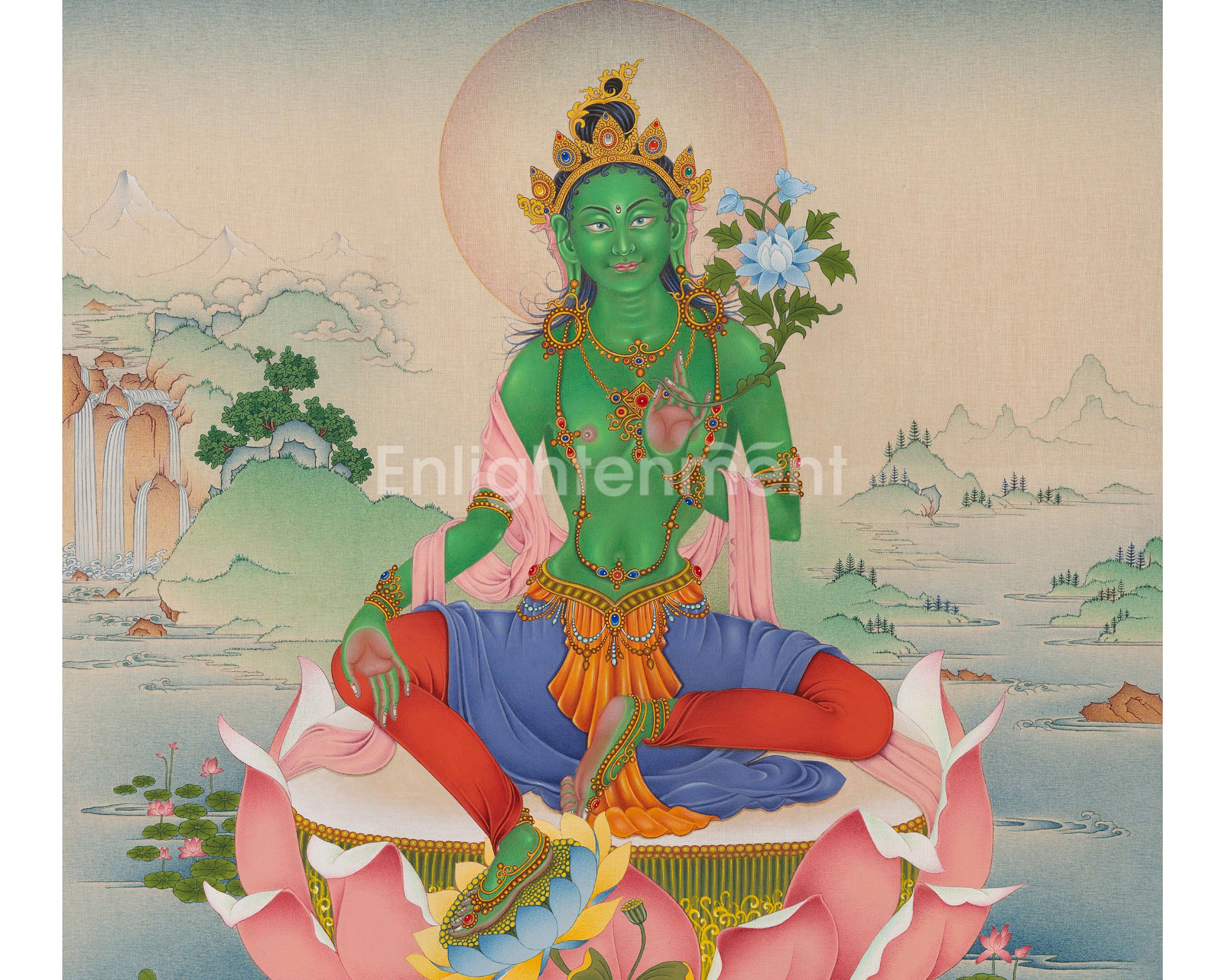 Mother Green Tara, A Thangka Painting in Natural Stone Colors