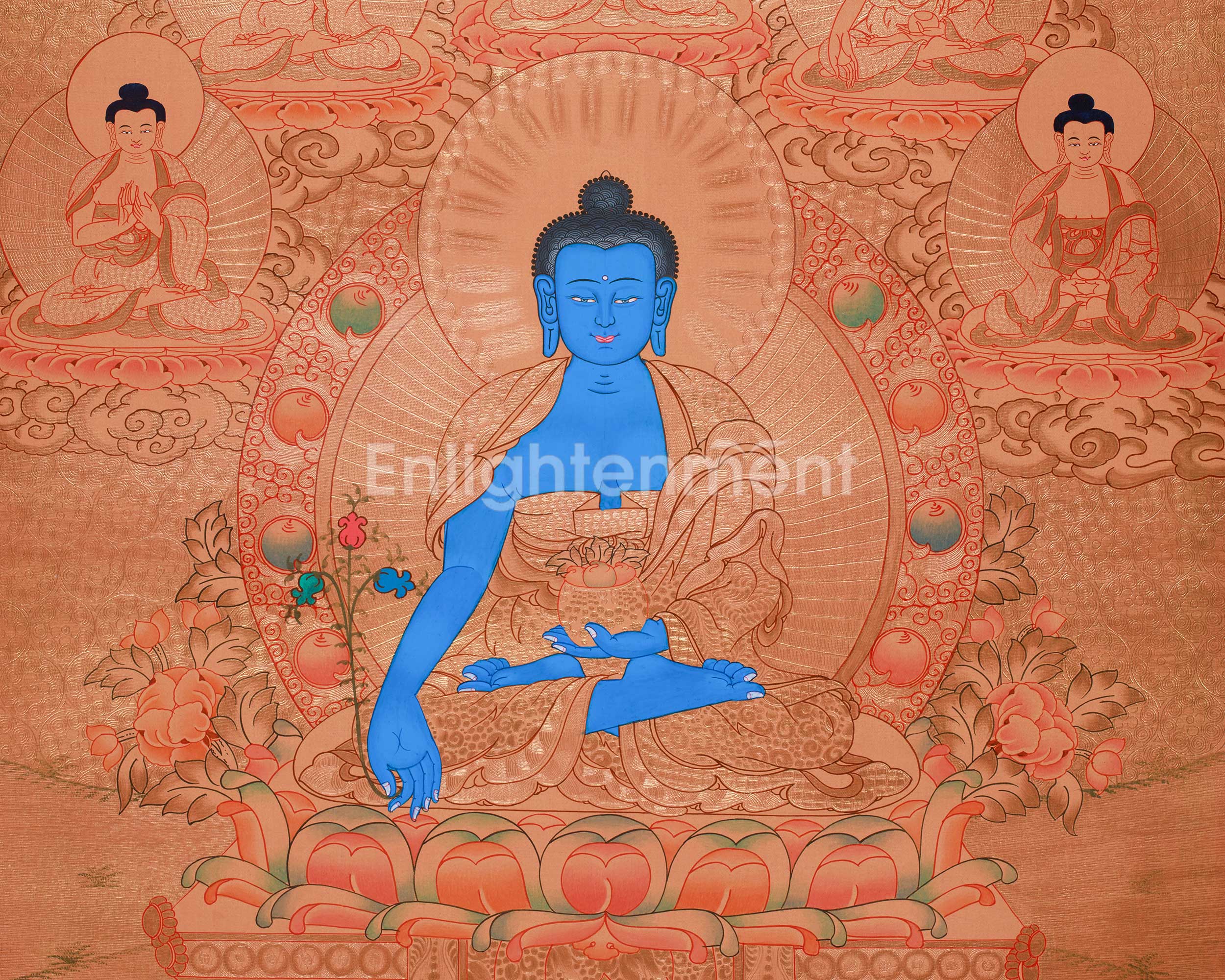 24K Gold Style Medicine Buddha Thangka | Meditation Altar